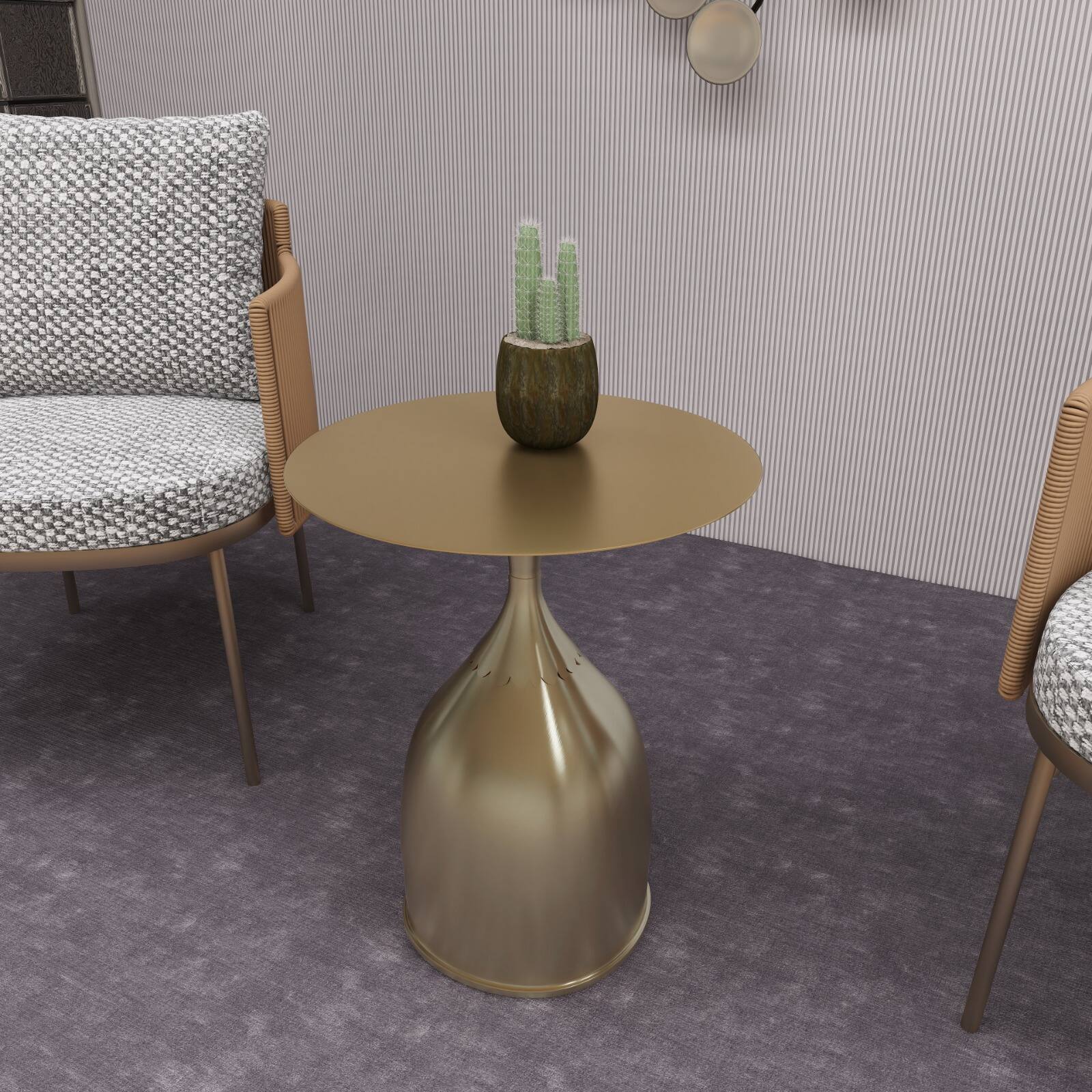 Angle. LeisureMod - Modern Bell-Shaped Steel Top Accent Table with Powder Coated Finish for Living Room or Office - Gold.