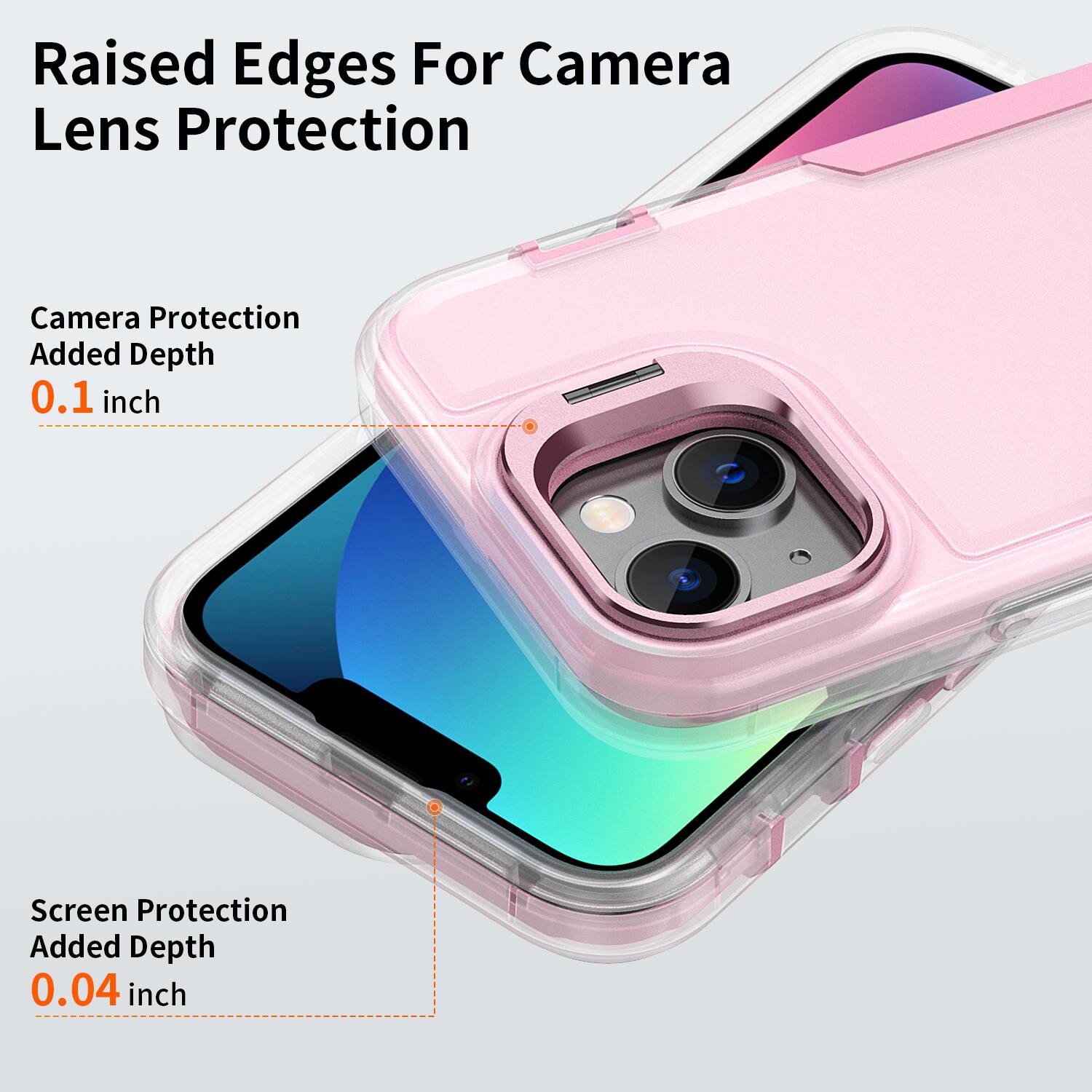 Raised Edges For Camera Lens Protection

Camera Protection Added Depth 0.1 inch

Screen Protection Added Depth 0.04 inch