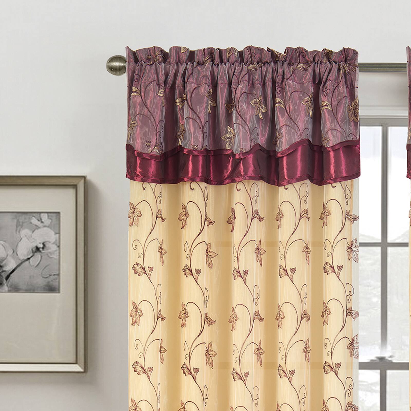 Left. RT Designers Collection - Pia Embroidered Panel With Double Valance 54'' x 90'' Burgundy - Burgundy.