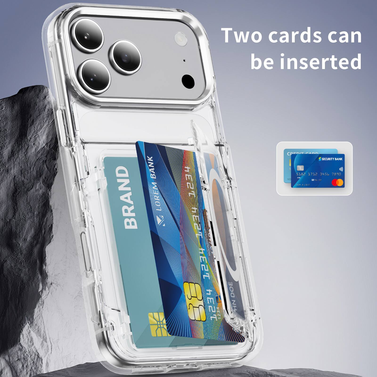 Two cards can be inserted

BANK BRAND LOREM HESJ 1234 WEIPHA /d 1234 1234 1234 DOE HN penitcAn REPIT a.d SECURTY BAINK S1A2 1712 145L 7A'0