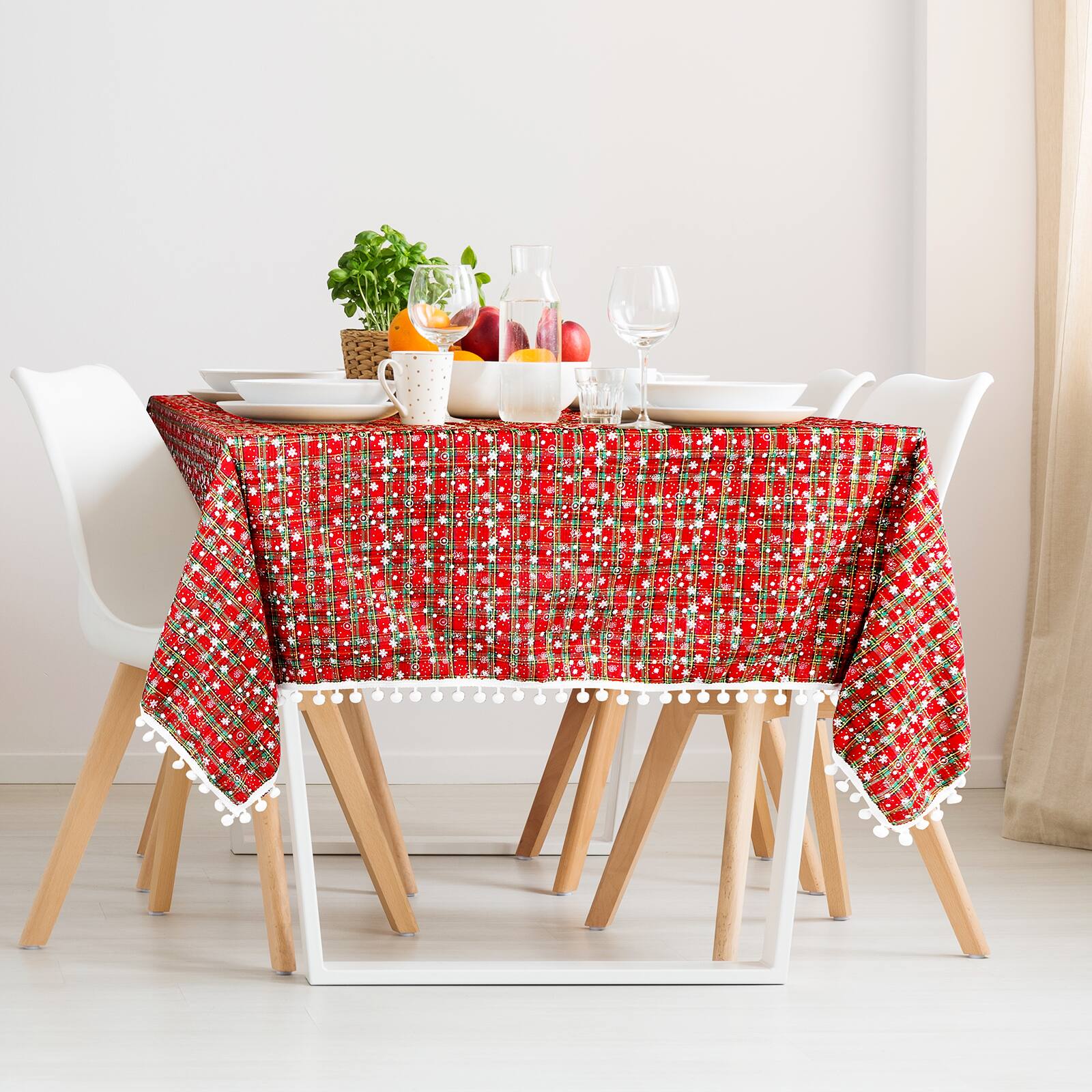 Alt View 1. Oumilen - 59x86.6in Rectangle Christmas Red Plaid Tablecloth with White Pom Pom Fringe – Winter Snowflake for Holiday Decor - Multicolor.