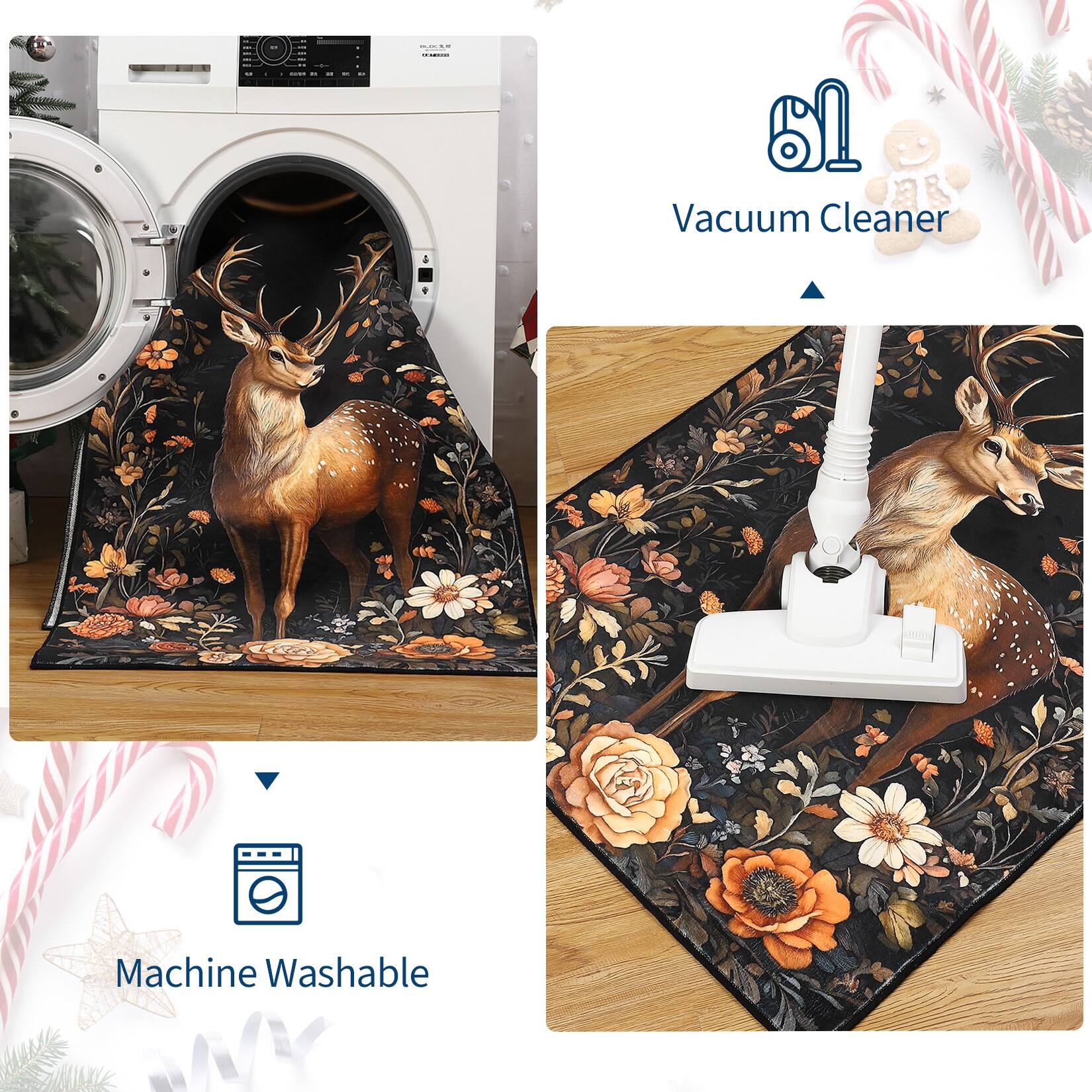 Alt View 6. Acekool - Christmas 2'x3' Rug for Entryway Indoor Small Washable Kitchen Rugs Soft Bathroom Carpet Elk Holiday Decor Non-Slip mat - Black.