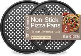 Bakken- Swiss - BAKKENMASTER 13-Inch Non-Stick Perforated Pizza Pan – Carbon Steel, 2 Trays, PTFE, PFOA & PFOS Free - Black