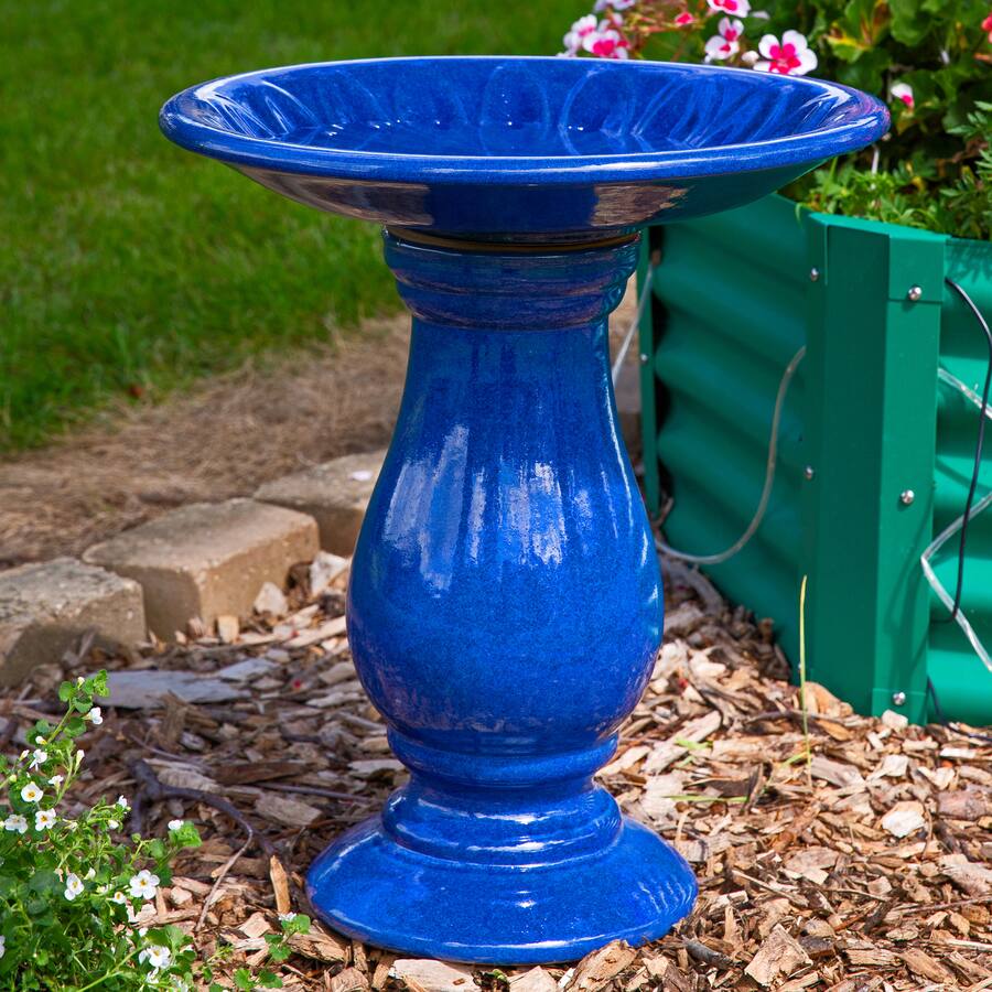 Sunnydaze Daisy Embossed Bowl Ceramic Outdoor Bird Bath 21.5” H Blue ...