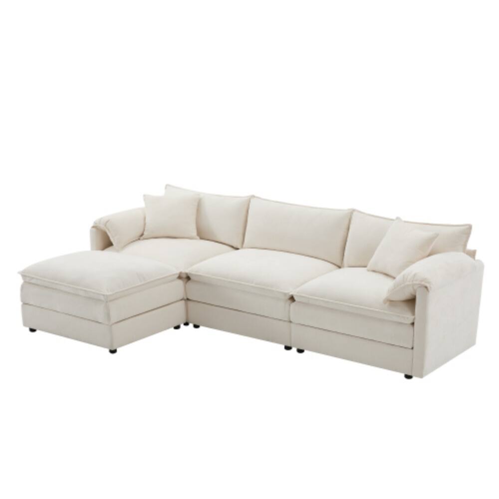 Alt View 4. LUCKY ONE - 103" L-Shape Modular Chenille Cloud Sofa w/ Double Cushions Movable Ottoman - White.