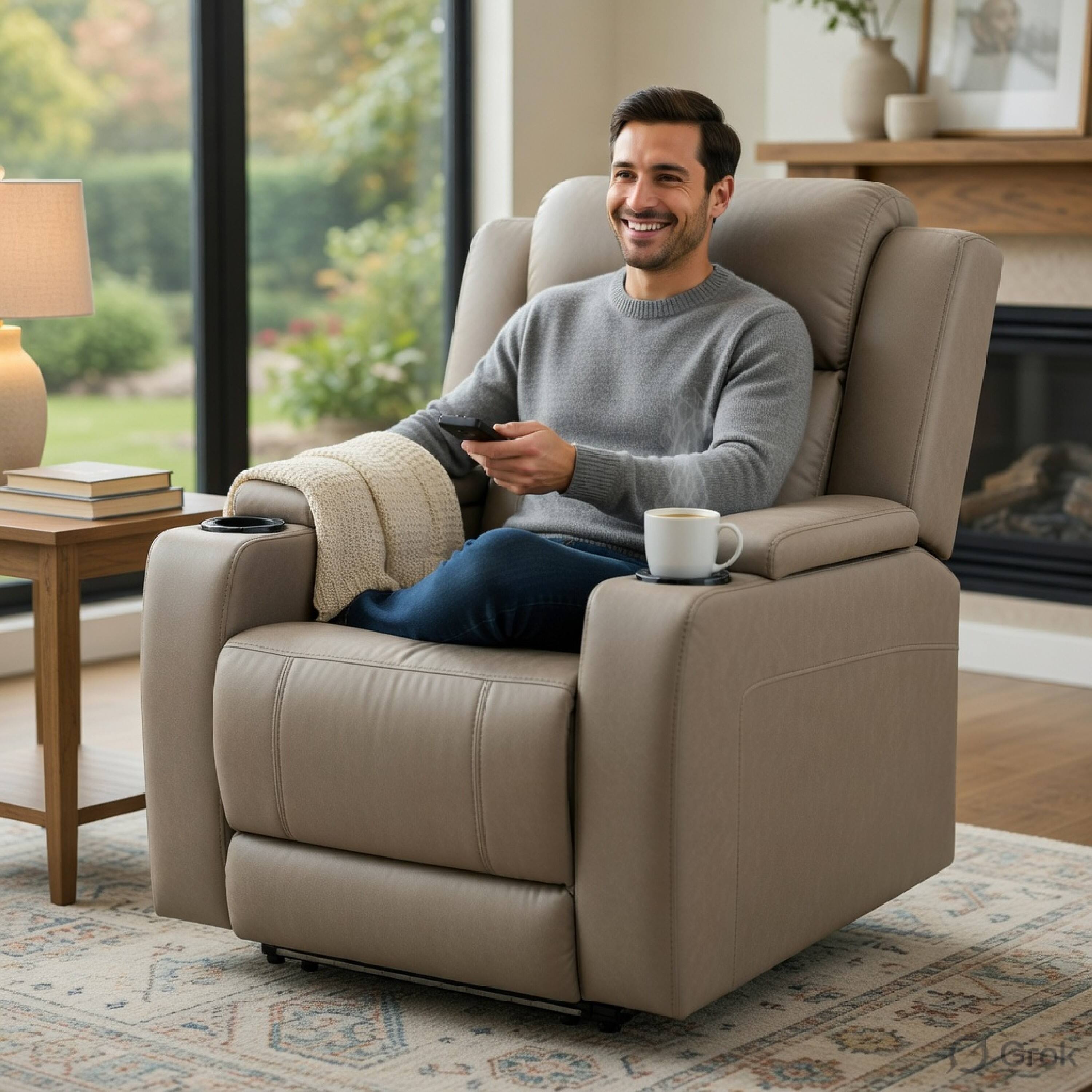 Alt View 5. Manhattan Lane - Jeja Power Motion Recliner Chair with Storage, Faux Camel Leather - Gray.