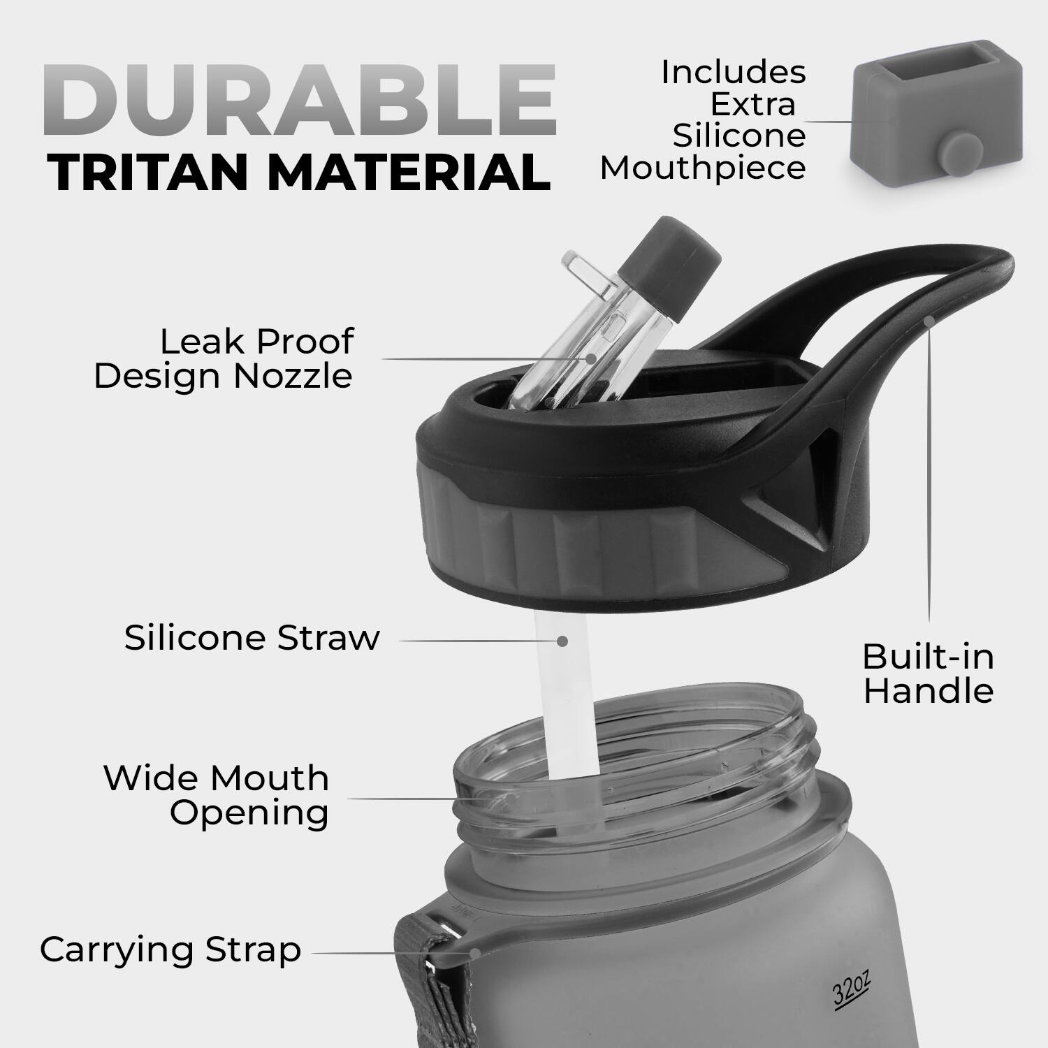 Includes DURABLE Silicone Extra TRITAN MATERIAL Mouthpiece Leak Proof Design Nozzle Silicone Straw Built-in Handle Wide Mouth Opening Carrying Strap 32oz