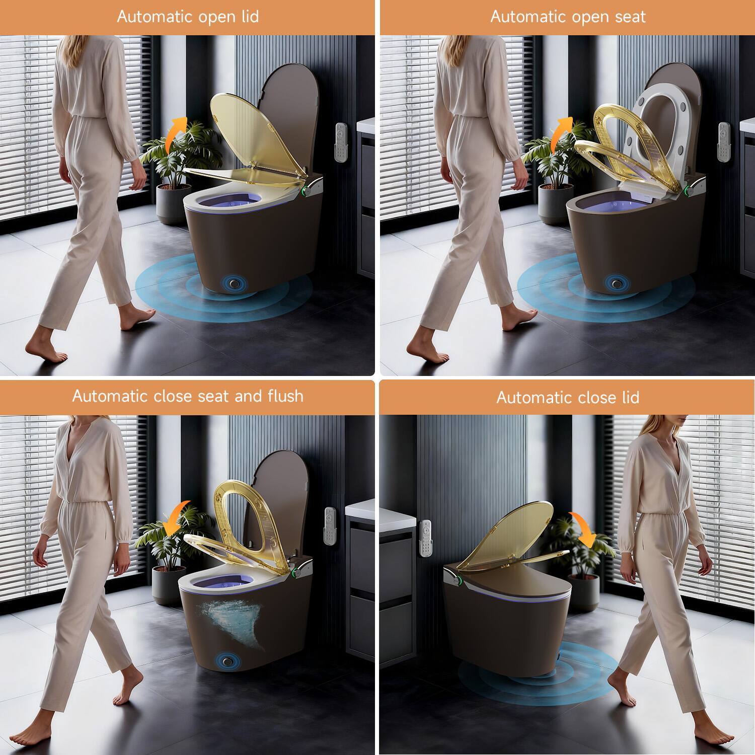 - Automatic open lid
- Automatic open seat
- Automatic close seat and flush
- Automatic close lid