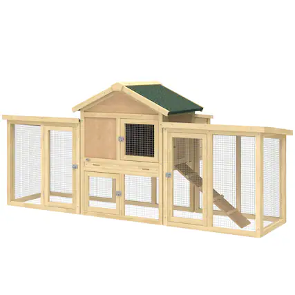 Front. Pawhut - Chicken Coop ith Nesting Box, Double Runs, Removable Tray, Ramp - Natural Wood.