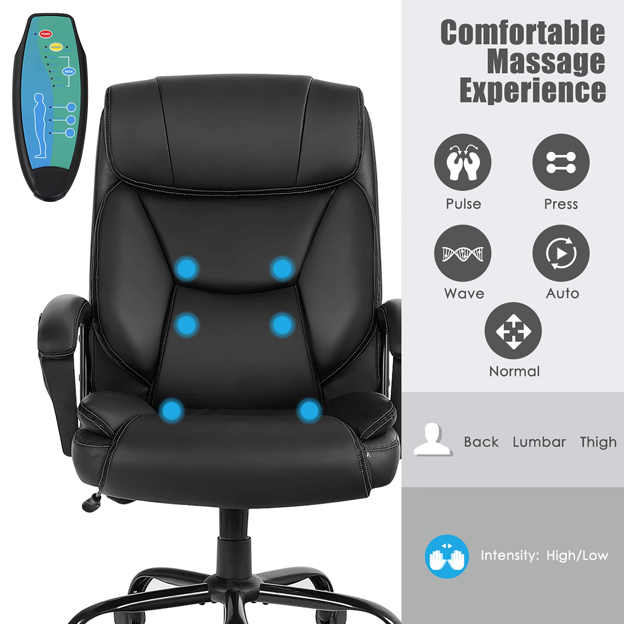 The text on the image reads: "Comfortable Massage Experience Pulse Press Wave Auto H Normal Back Lumbar Thigh Intensity: High/Low."