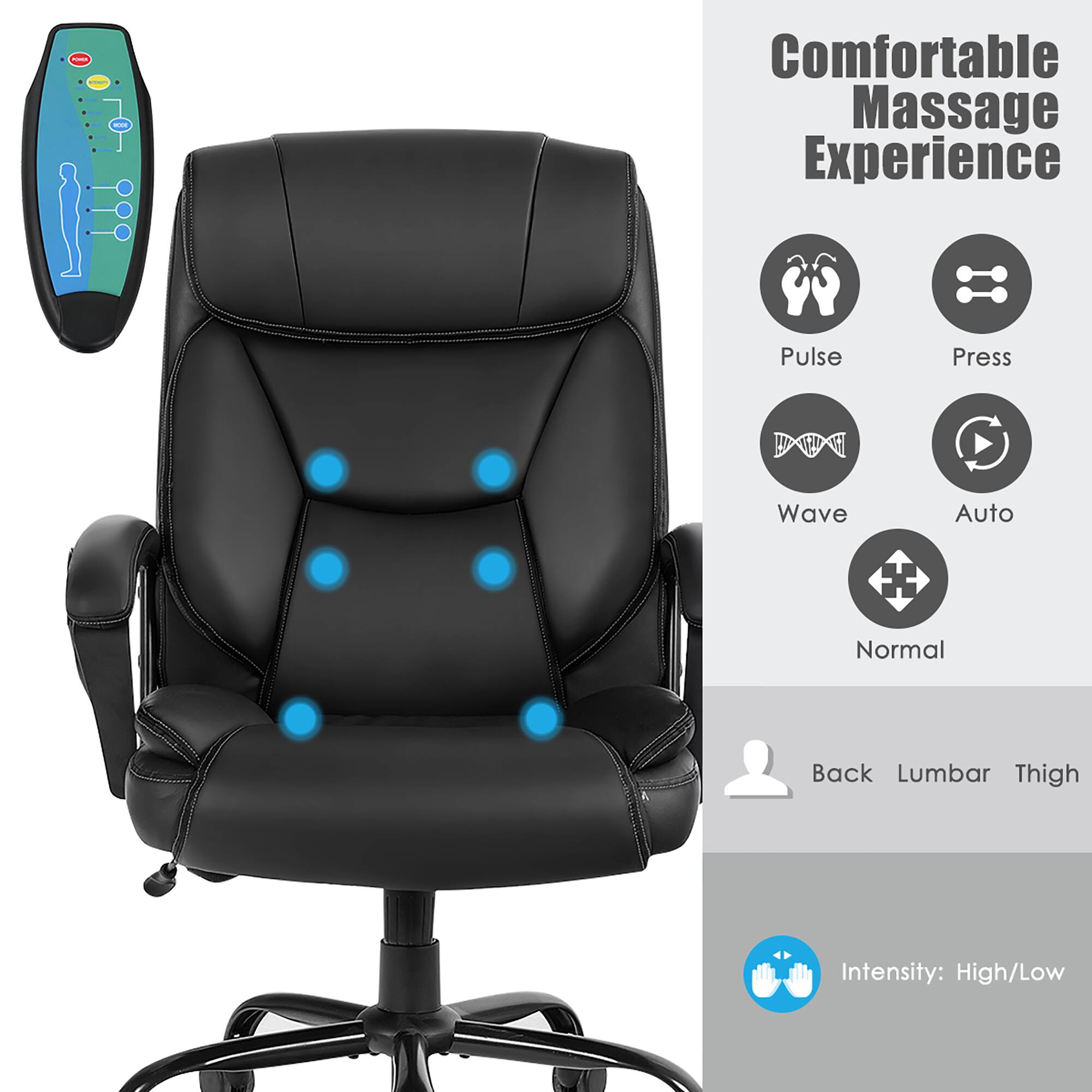 The text on the image reads: "Comfortable Massage Experience Pulse Press Wave Auto H Normal Back Lumbar Thigh Intensity: High/Low."