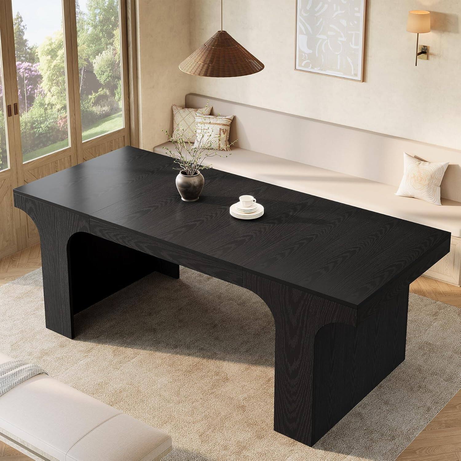 Back. Tribesigns - 71-Inch Farmhouse Dining Table with Arched Design for 6-8, Black - Black.