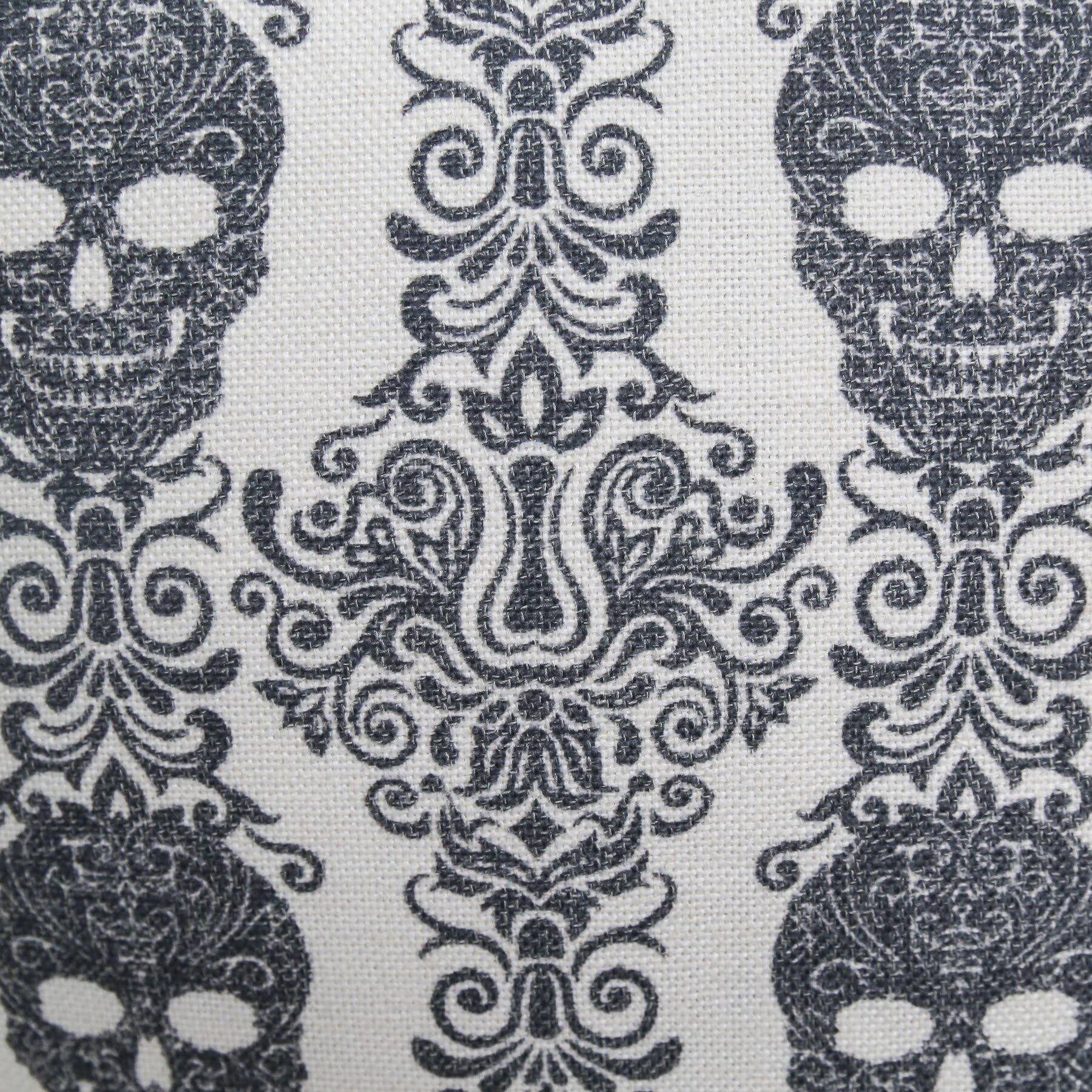 Back. TinyHomie - Gothic Damask Skull Throw Pillow Black White Cotton Linen - Gray.