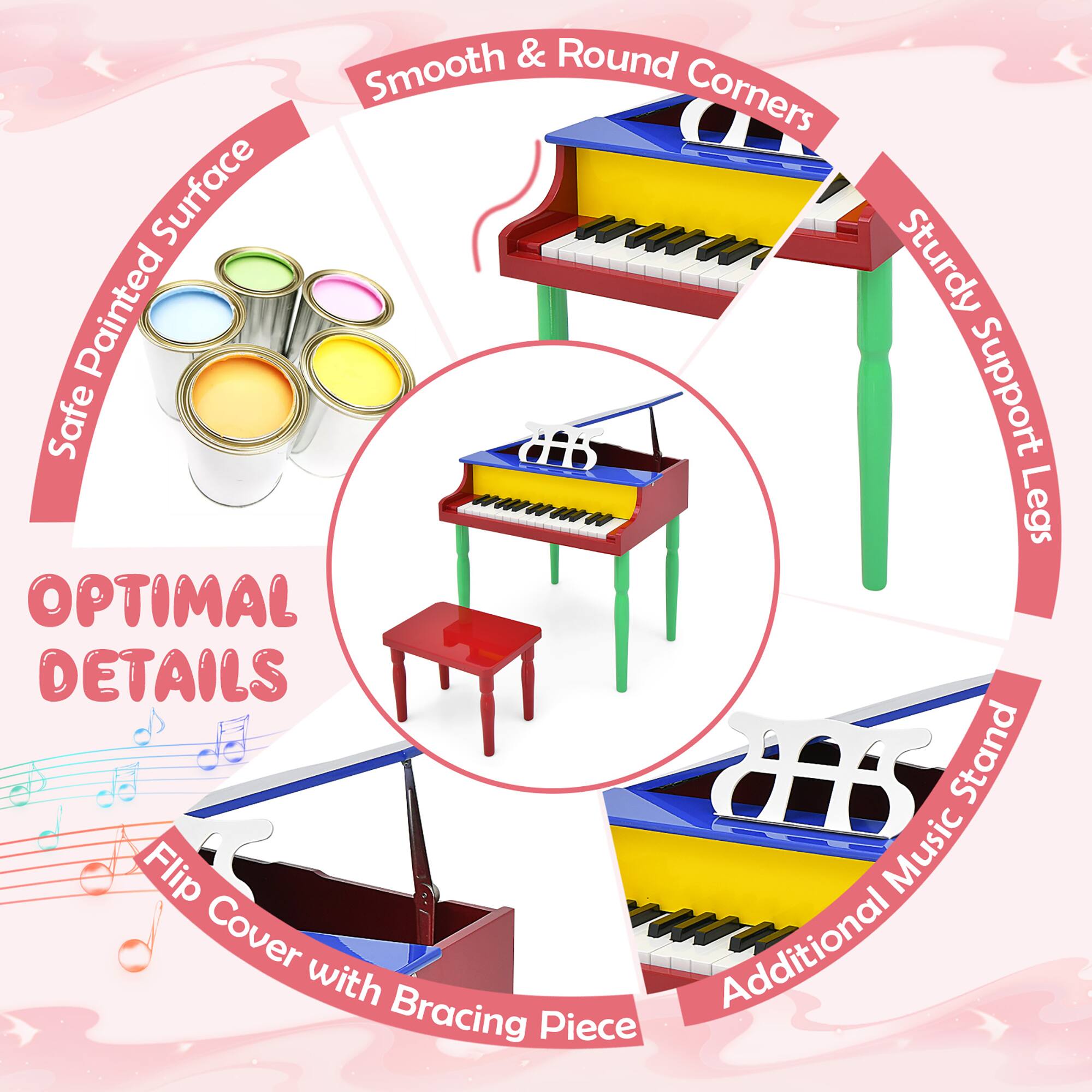 - Safe Painted Surface
- Smooth & Round Corners
- Sturdy Support Legs
- Flip Cover with Bracing Piece
- Additional Music Stand
- OPTIMAL DETAILS