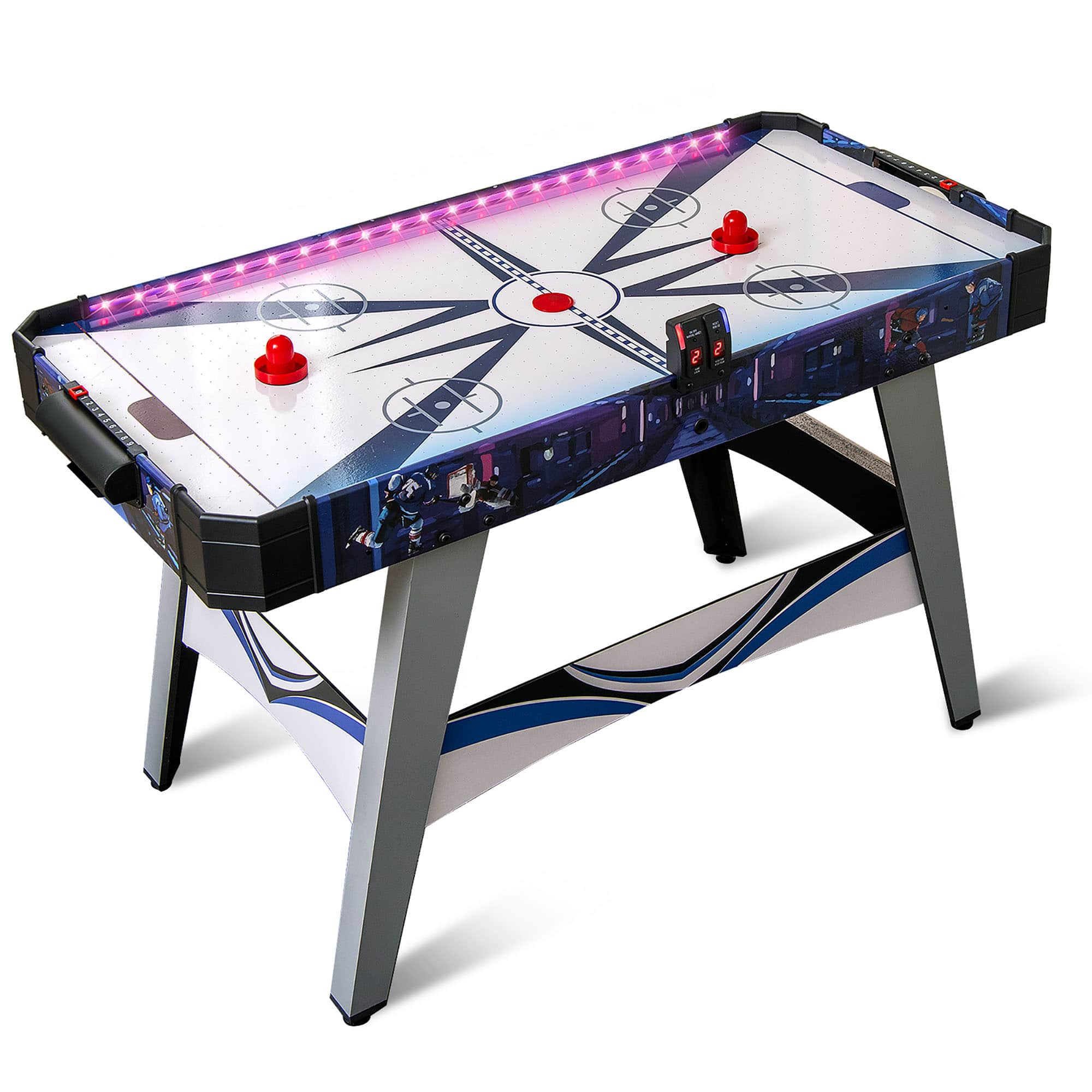 Gymax - 54'' Air Hockey Game Table w/2 Pushers Pucks Adjustable Foot Pads LED Scoreboard - White, Blue