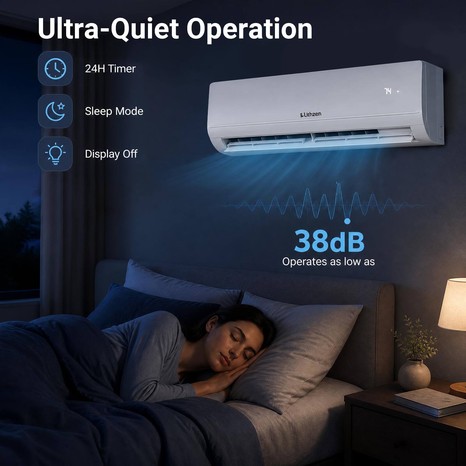 Ultra-Quiet Operation  
24H Timer  
Sleep Mode  
Display Off  
38dB Operates as low as