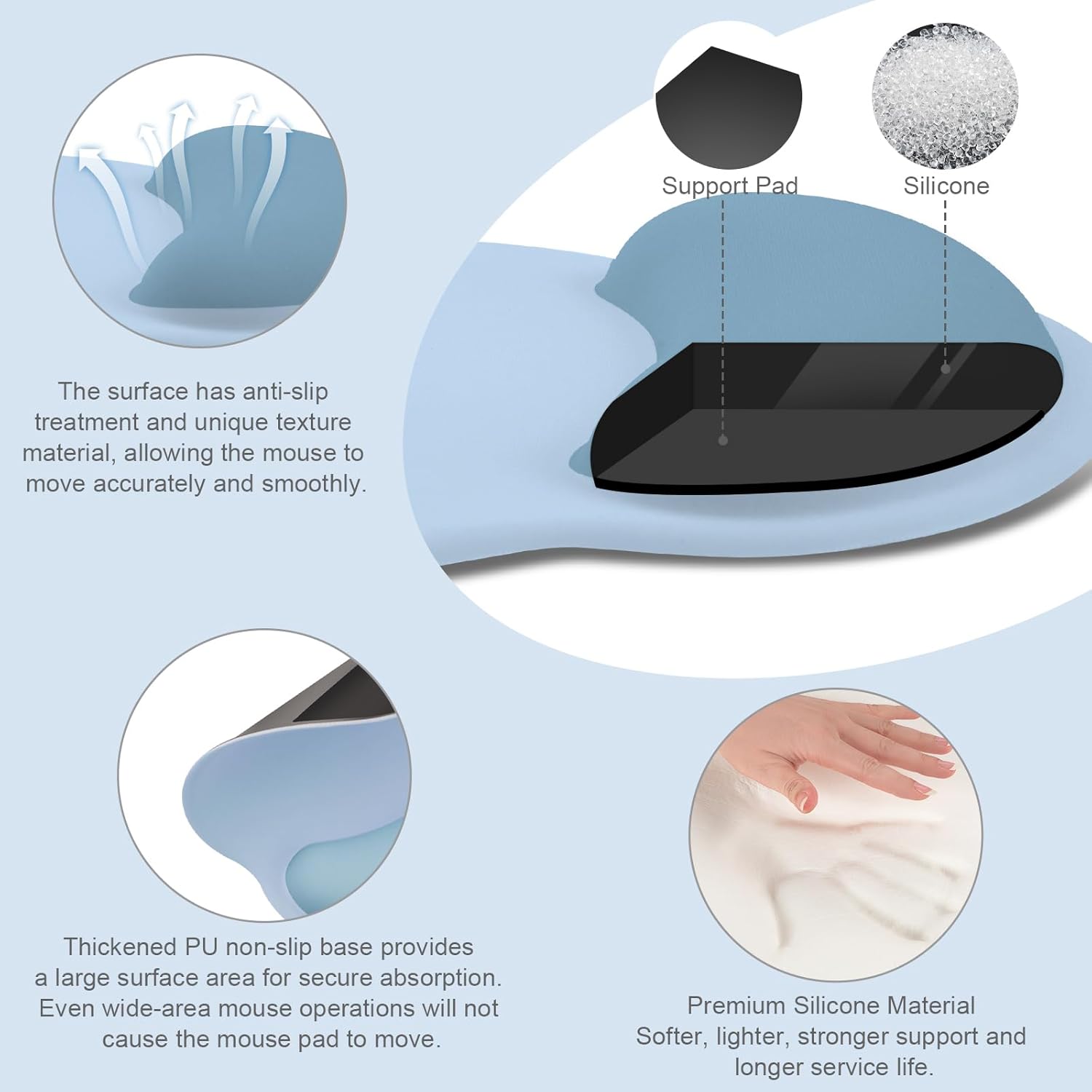 Support Pad Silicone

The surface has anti-slip treatment and unique texture material, allowing the mouse to move accurately and smoothly.

Thickened PU non-slip base provides a large surface area for secure absorption. Even wide-area mouse operations will not cause the mouse pad to move.

Premium Silicone Material
Softer, lighter, stronger support and longer service life.