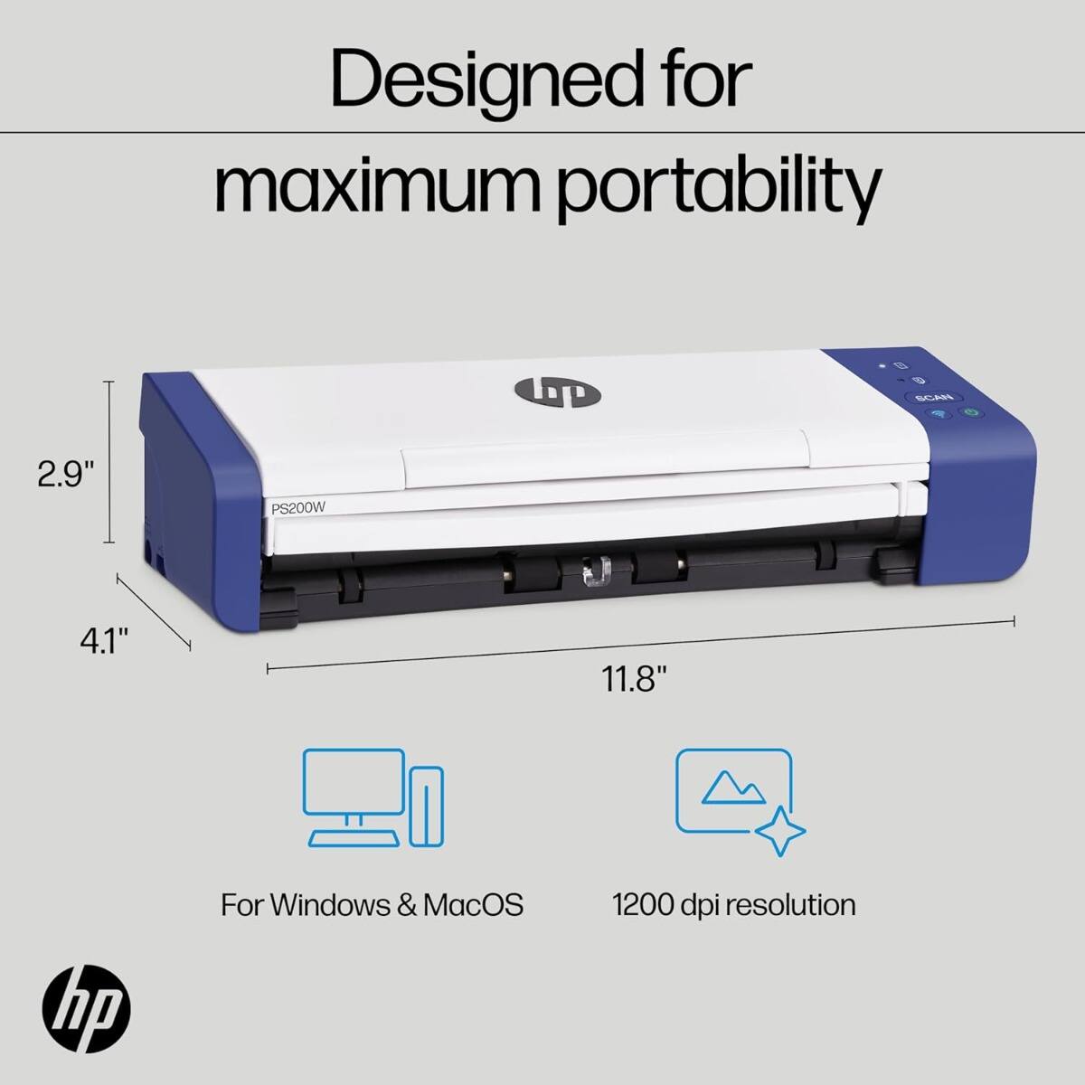 Designed for maximum portability  
SCN 2.9" PS200W 4.1" 11.8"  
hp  
For Windows & MacOS  
1200 dpi resolution