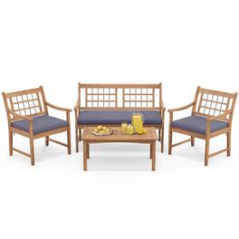 Gymax - Set of 4 Wood Furniture Set w/ Seat Cushions & Solid Acacia Wood Frame Outdoor - Gray