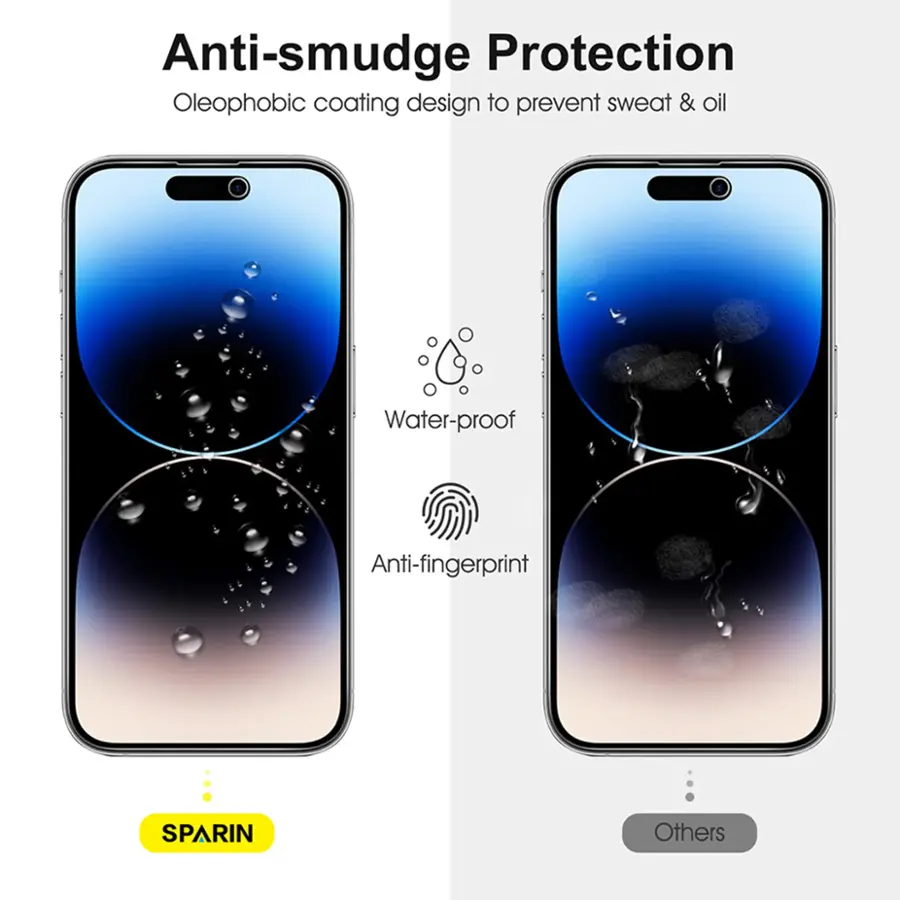 Anti-smudge Protection: Oleophobic coating design to prevent sweat & oil. Water-proof. Anti-fingerprint. SPARIN. Others.