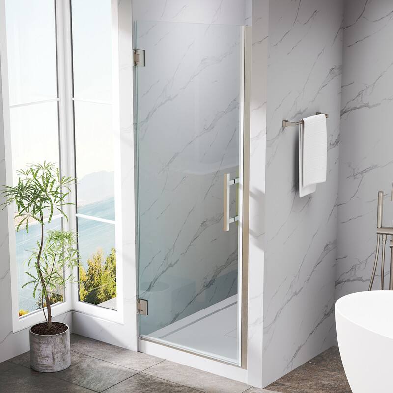 Left. WELLFOR - 30–31 in. W x 72 in. H Frameless Hinged Shower Door with 3/8" Clear Tempered Glass, Reversible Opening - Brushed Nickel.