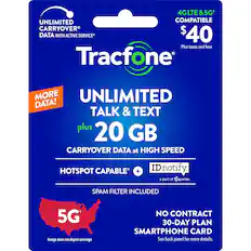 Unlimited Talk & Text plus 20 GB Carryover Data at High Speed Hotspot Capable + IDnotify a part of Experian. Spam Filter Included. 5G Image does not depict coverage. No Contract. 30-Day Plan Smartphone Card.