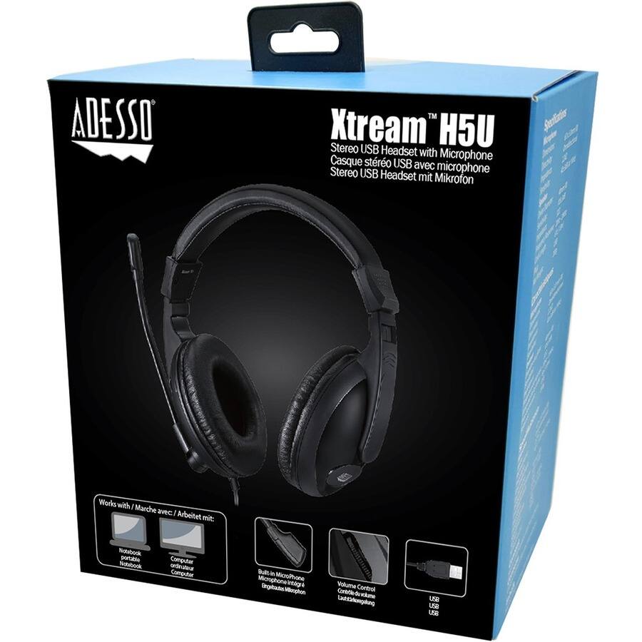 ADESSO  
Xtream™ H5U  
Stereo USB Headset with Microphone  
Casque stéréo USB avec microphone  
Stereo USB Headset mit Mikrofon  

Works with / Marche avec / Arbeitet mit:  
- Notebook portable  
- Computer ordinateur  
- Computer  

Built-in Microphone  
Microphone intégré  

Volume Control  
Loudness/Regulierung  

USB
