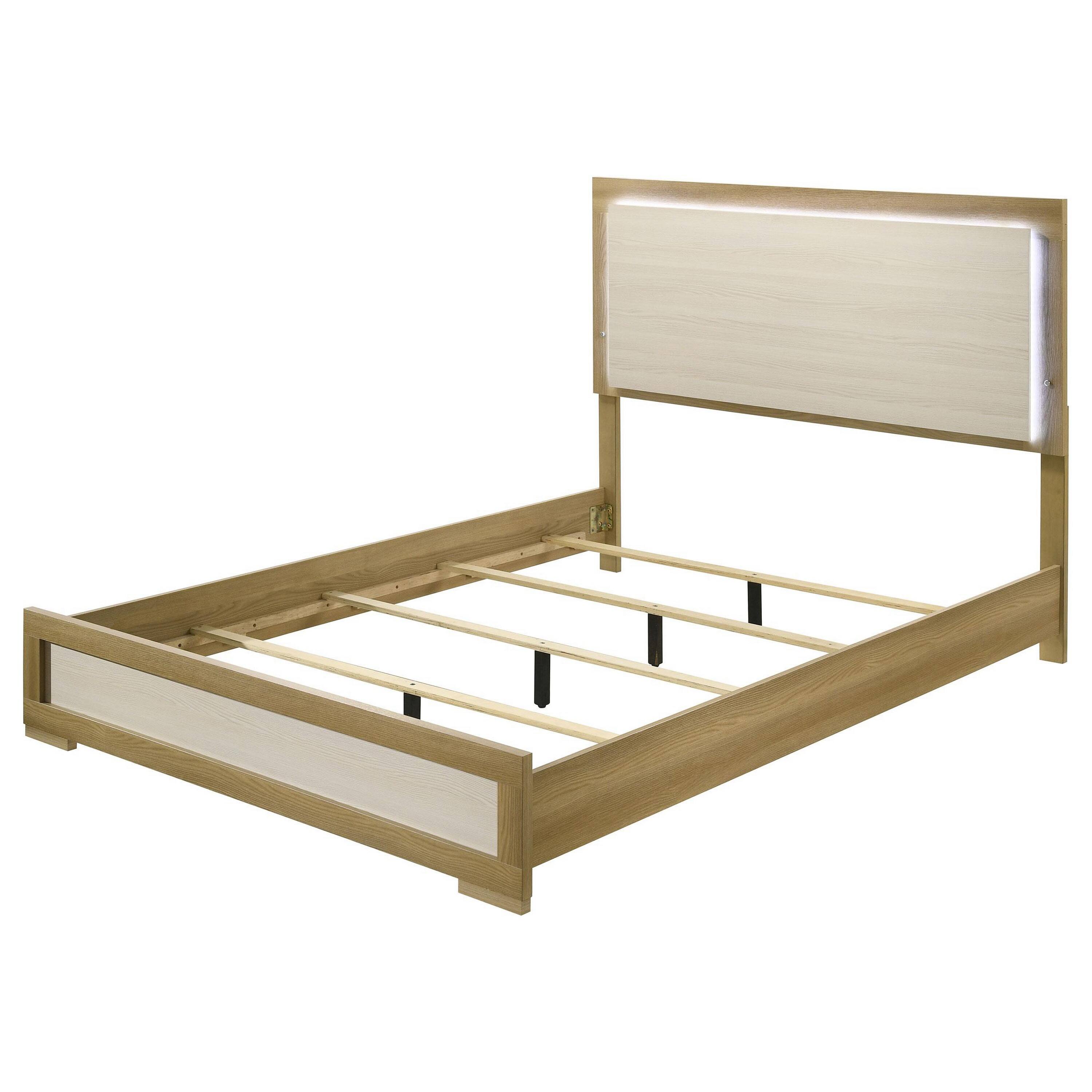 Alt View 3. Manhattan Lane - Hyle Queen Size Bed, Natural Brown Hardwood, LED Backlit Headboard - Natural Brown, White.