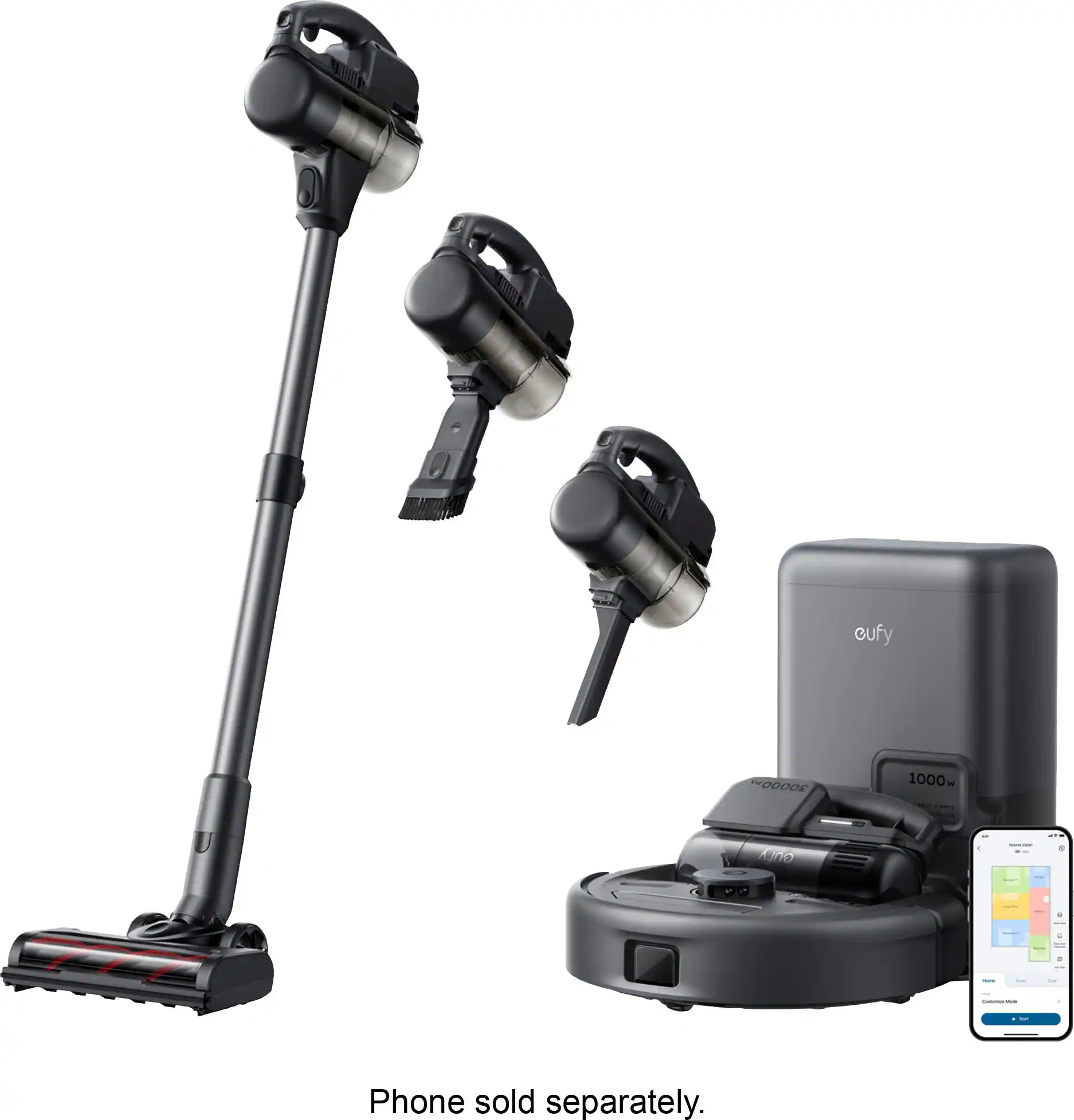 The image features a Cufy phone and a vacuum cleaner. The vacuum cleaner is a cordless, handheld device with a detachable head. The phone is sold separately and is not included in the image.