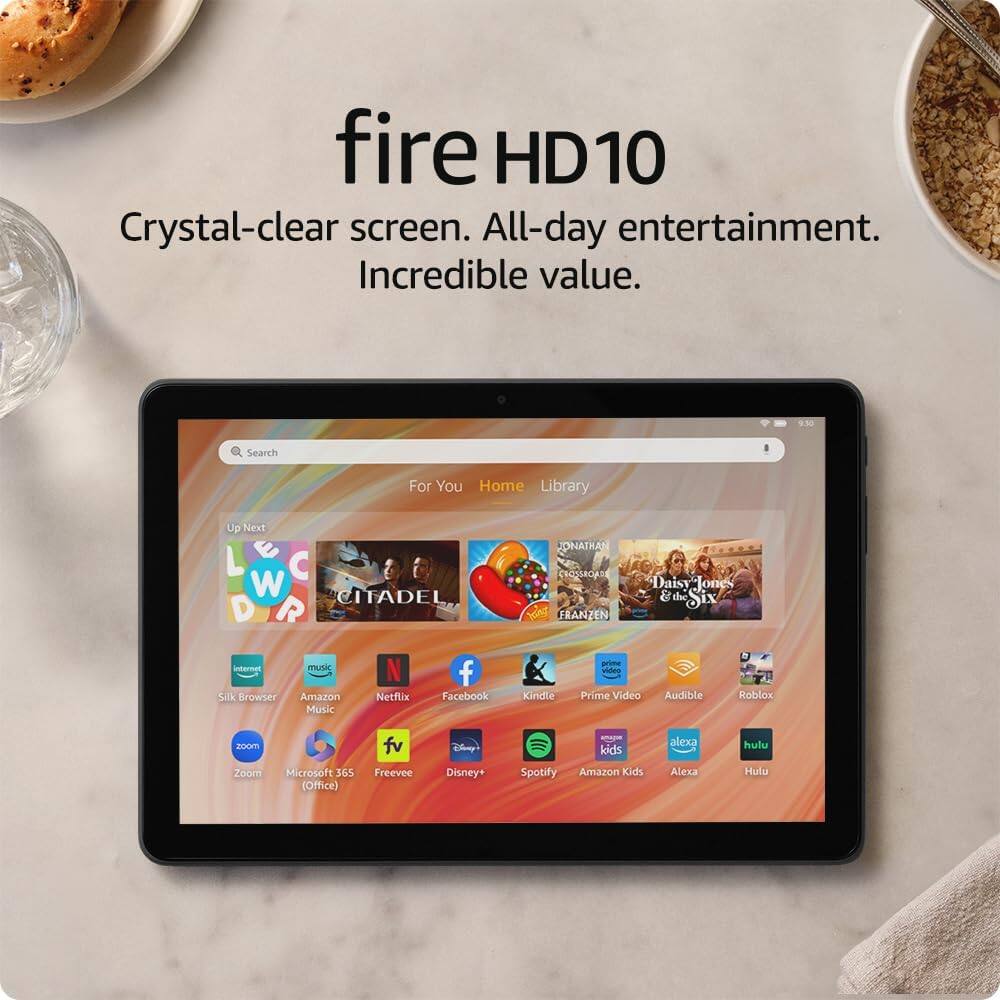 fire HD10  
Crystal-clear screen. All-day entertainment. Incredible value.  

Search For You Home Library Up Next  
L C W CITADEL  
a music N f Silk Browser Amazon Netflix Facebook Music  
JONATHAN ORA Daisy Jooes 8 the Six FRANZEN  
Kindle Prime Video Audible Roblox  
zoom Microsoft 365 (Office) fv Freevee Disney+  
Spotify Amazon Kids alexa Hulu  

Silk Browser Amazon Music Netflix Facebook  
Zoom Microsoft 365 Freevee Disney+  
Spotify Amazon Kids Alexa Hulu