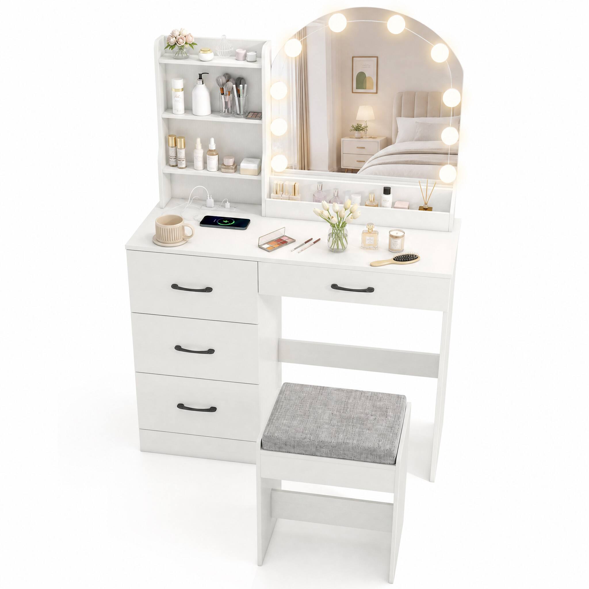 Alt View 5. WELLFOR - Vanity Desk with Mirror and Lights, Dressing Table with Charging Station & 4 Drawers Makeup Vanity with Stool - White.