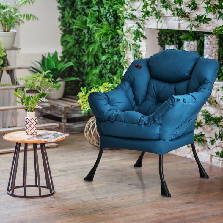 Left. Hivvago - Modern Cushioned Accent Chair with Side Pocket in Navy Blue Upholstered Fabric - Blue.