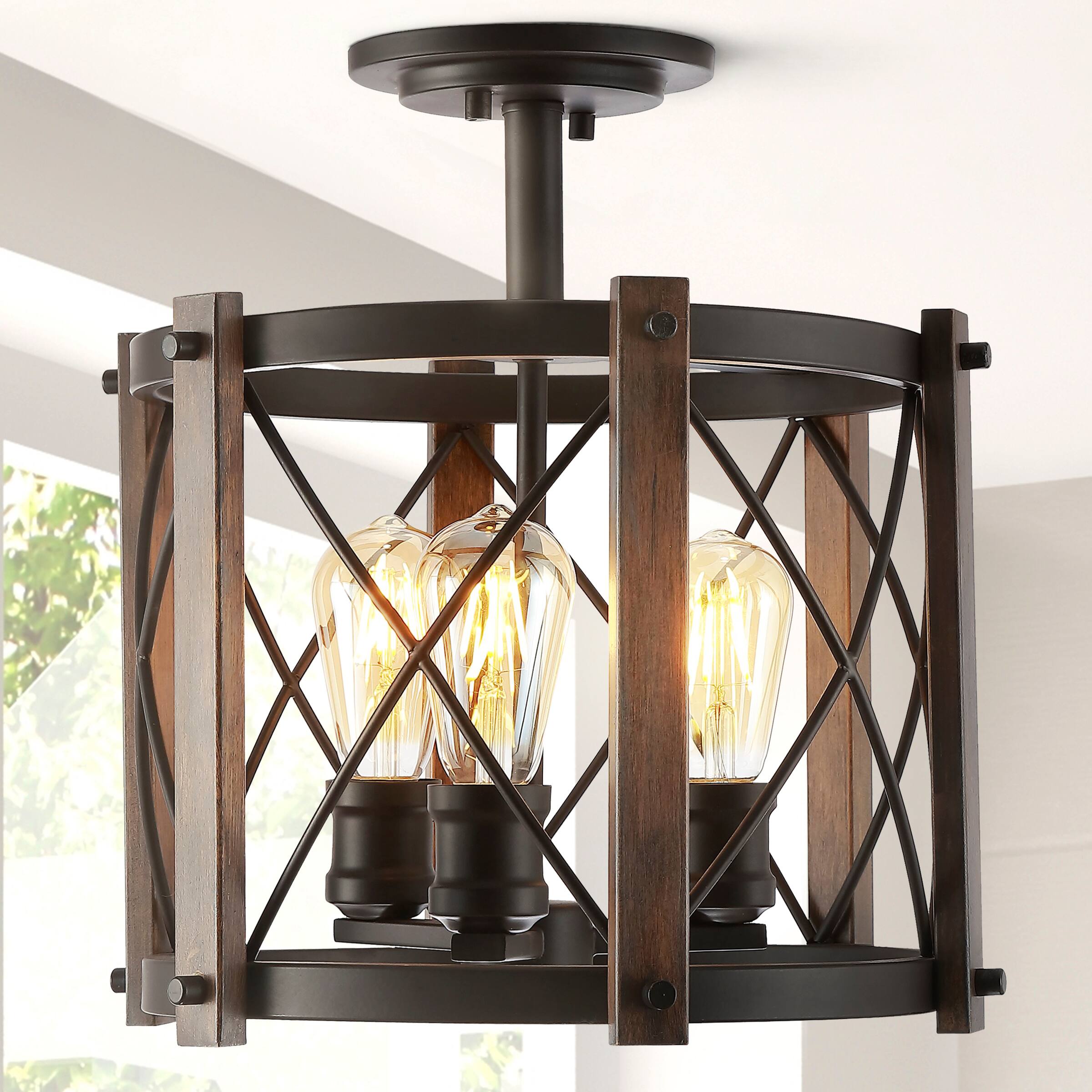 Alt View 1. Jonathan Y - Ferme 14" 3-Light Iron Rustic Farmhouse LED Flush Mount, Brown/Oil Rubbed Bronze - Oil Rubbed Bronze/Brown.
