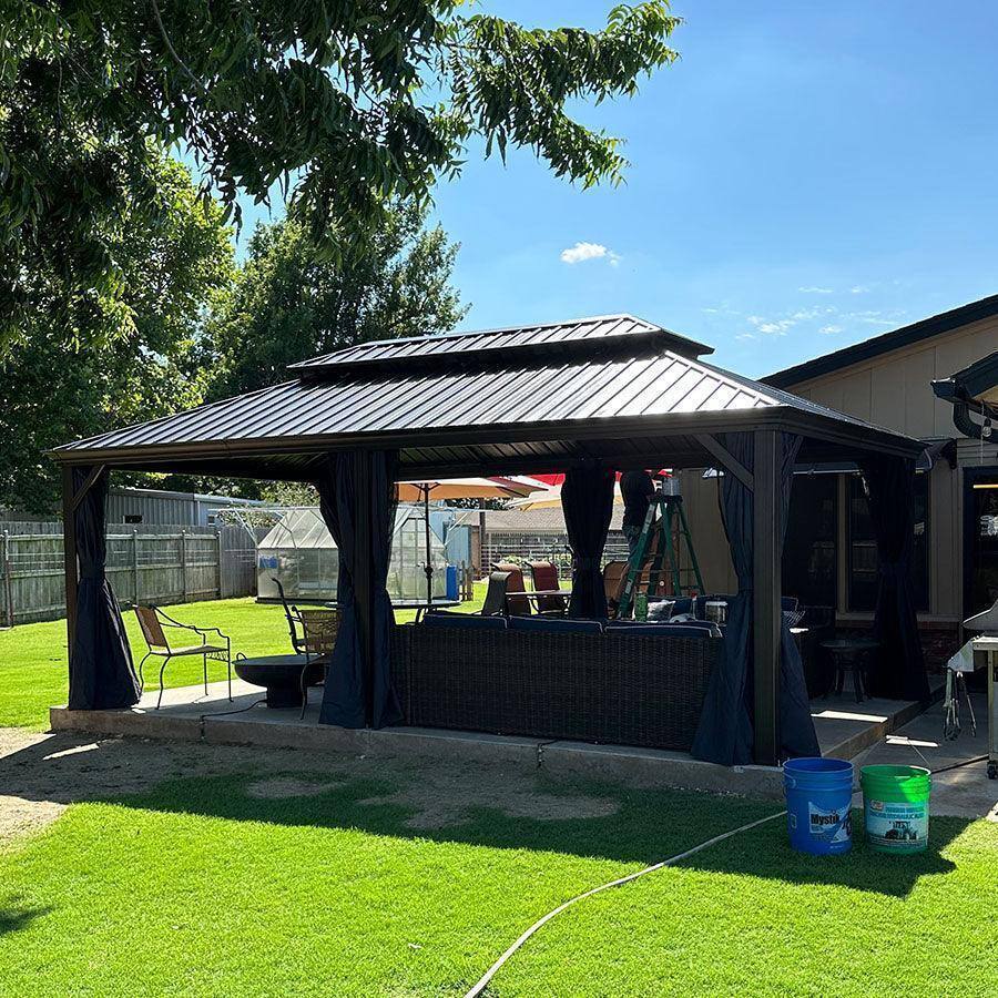 Alt View 1. PURPLE LEAF - 12 X 20 FT Outdoor Hardtop Gazebo for Patio Bronze Aluminum Frame Pavilion with Navy-Blue Curtain - 12' X 20'.