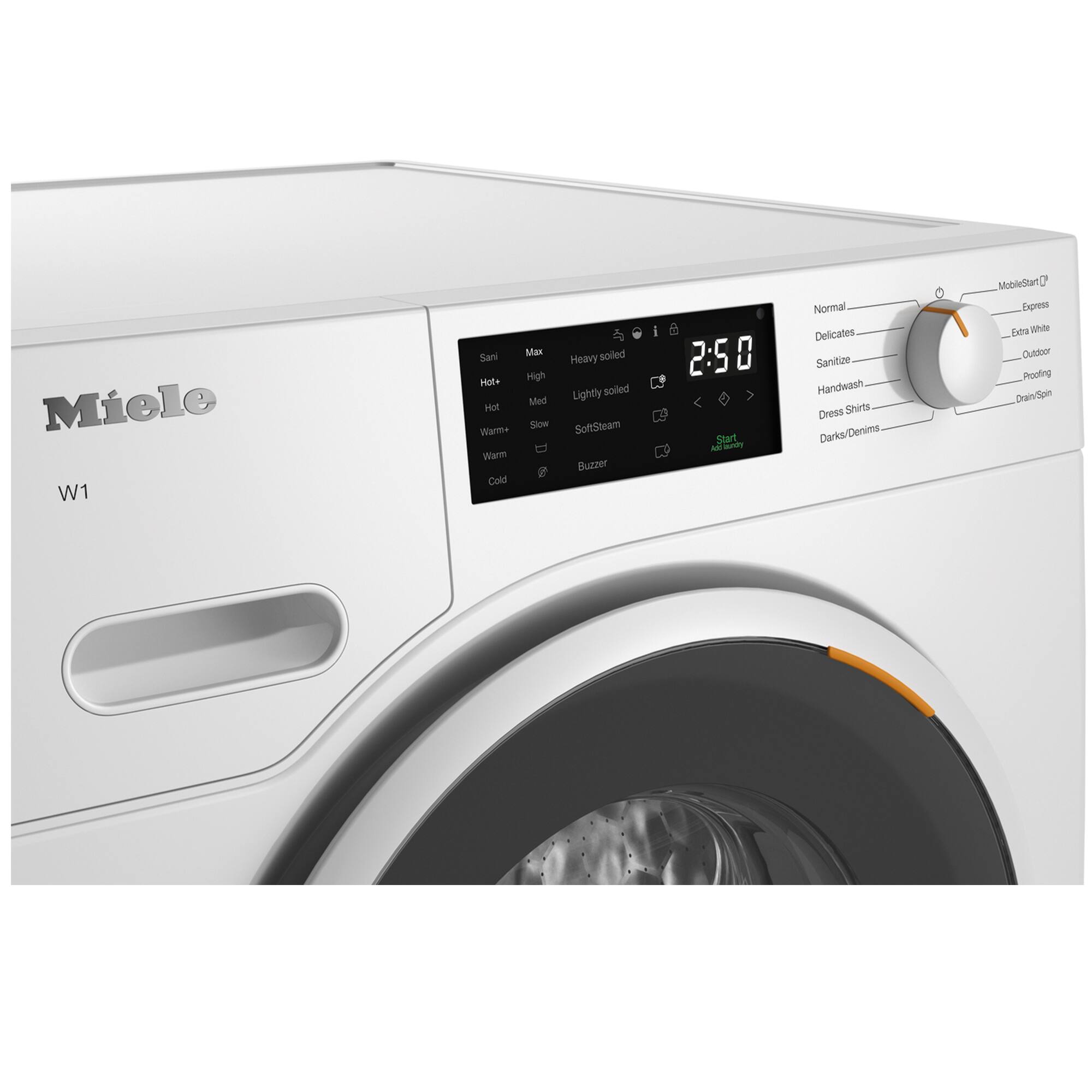 Miele W1 Nias Sani Hot+ High Med Hot Slow Warm Warm Cold Heavy soiled Lightly soiled SoftSteam Buzzer I 2:50 Swt M Normal Delicates Sanitise Handwash Dress Shirts Darks/Denims