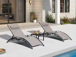 PURPLE LEAF - 3-Pieces Aluminum Outdoor Chaise Lounge Patio Lounge Chair with Side Table - Taupe