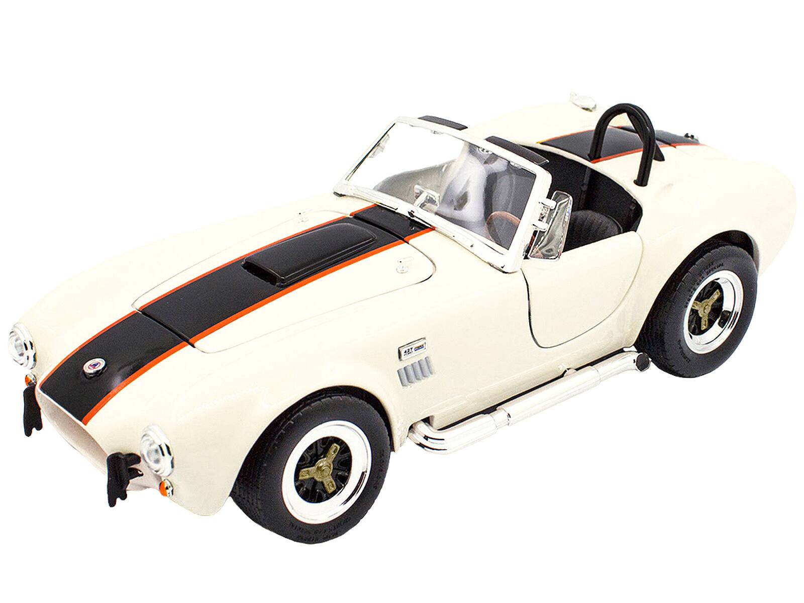 Alt View 1. Road Signature - 1964 Shelby Cobra 427 S/C Roadster Cream with Black and Orange Stripes 1/18 Diecast Model Car by Road Signature.