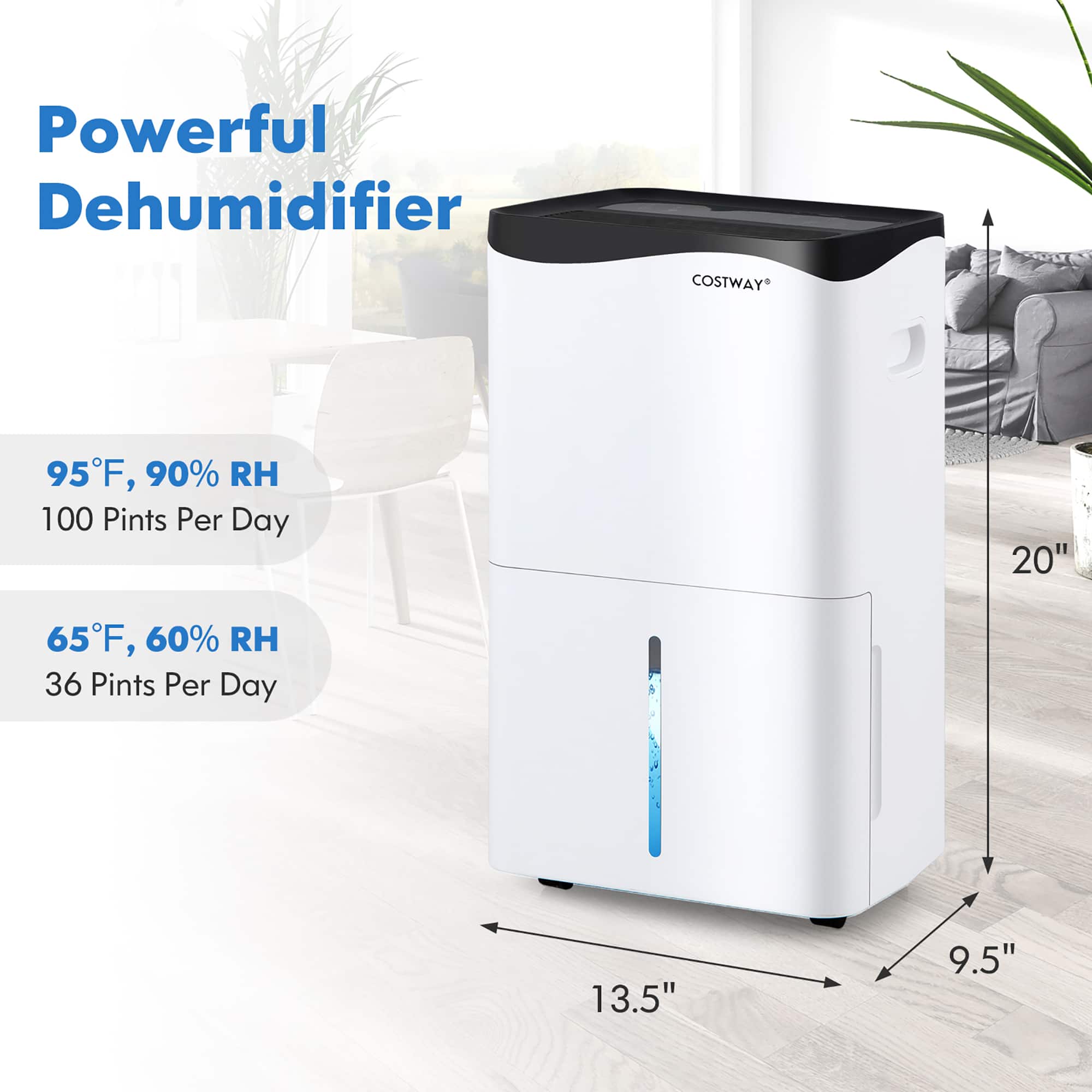 Powerful Dehumidifier COSTWAY 95'F, 90% RH 100 Pints Per Day 20" 65F, 60% RH 36 Pints Per Day 13.5" 9.5"