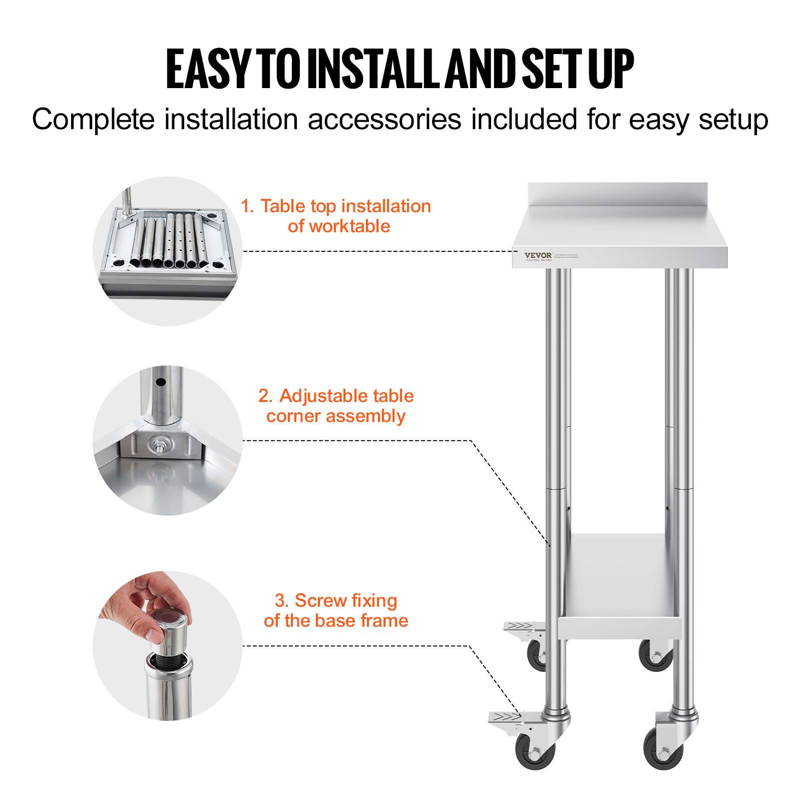 EASY TO INSTALL AND SET UP

Complete installation accessories included for easy setup

1. Table top installation of worktable
2. Adjustable table corner assembly
3. Screw fixing of the base frame