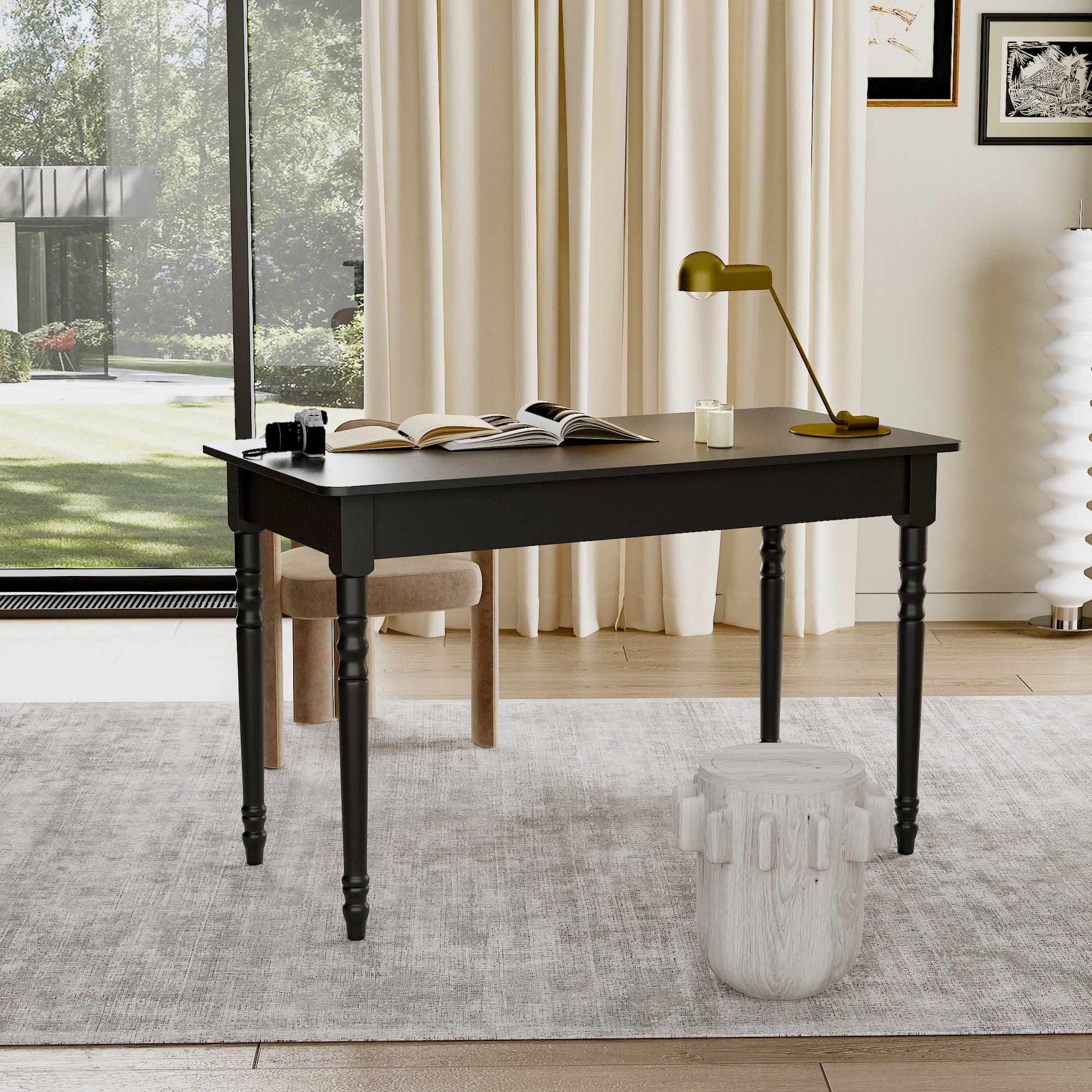 Famapy - Solid Wood Writing Desk with Drawer for Home Office Study, Modern Desk with Gold Accents & Storage - Black