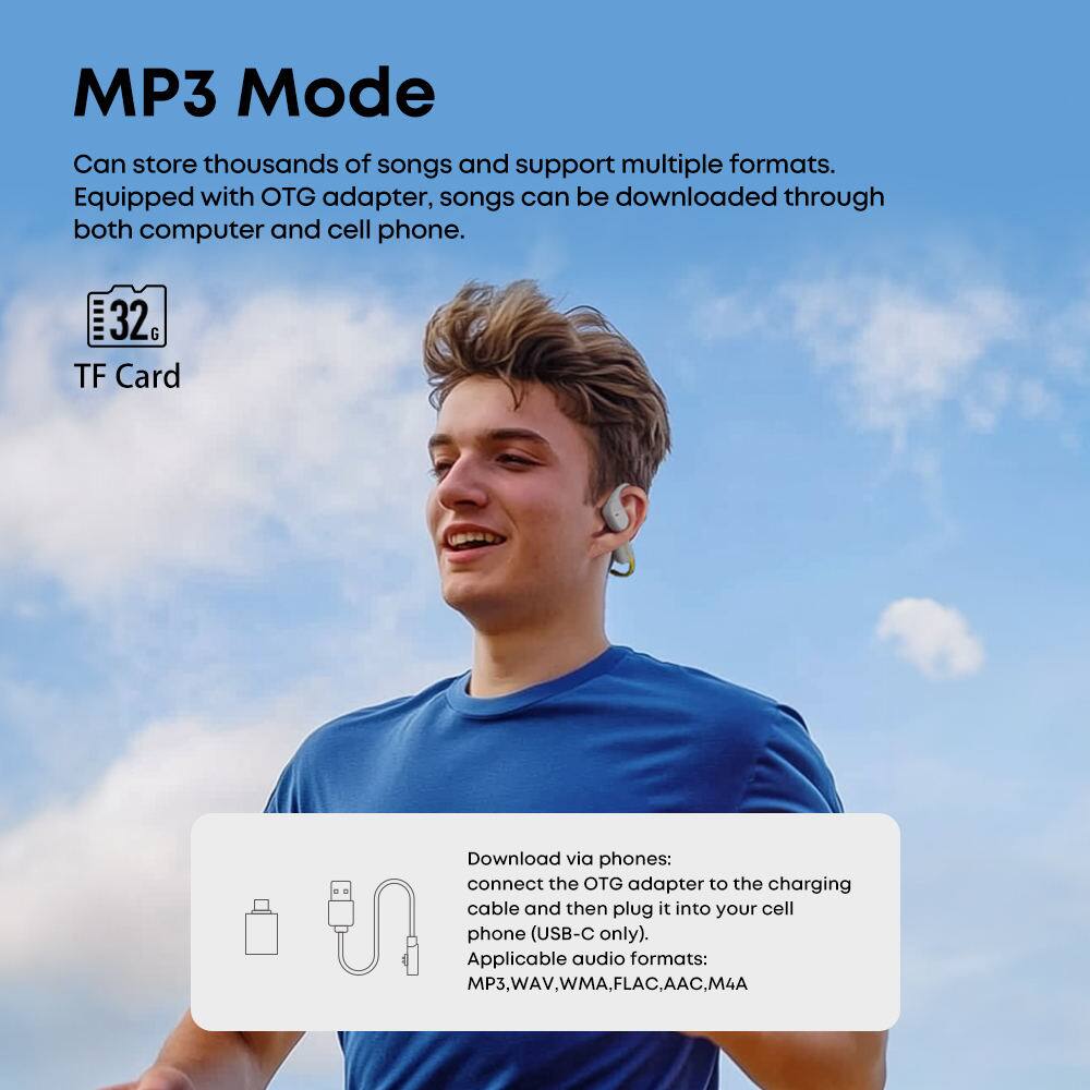 MP3 Mode

Can store thousands of songs and support multiple formats. Equipped with OTG adapter, songs can be downloaded through both computer and cell phone.

32 G TF Card

Download via phones: connect the OTG adapter to the charging cable and then plug it into your cell phone (USB-C only).

Applicable audio formats: MP3, WAV, WMA, FLAC, AAC, M4A