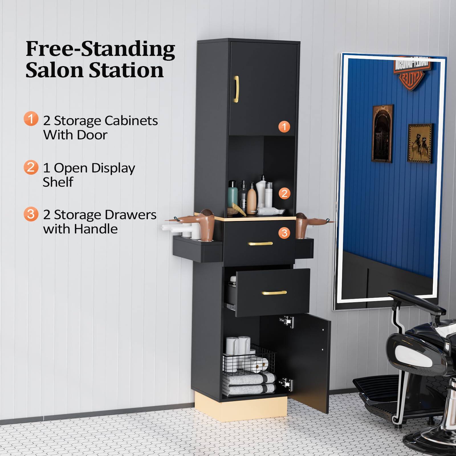 Free-Standing Salon Station

1. 2 Storage Cabinets With Door
2. 1 Open Display Shelf
3. 2 Storage Drawers with Handle
