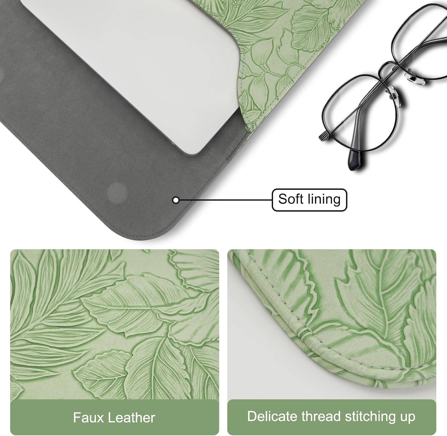 Soft lining  
Faux Leather  
Delicate thread stitching up