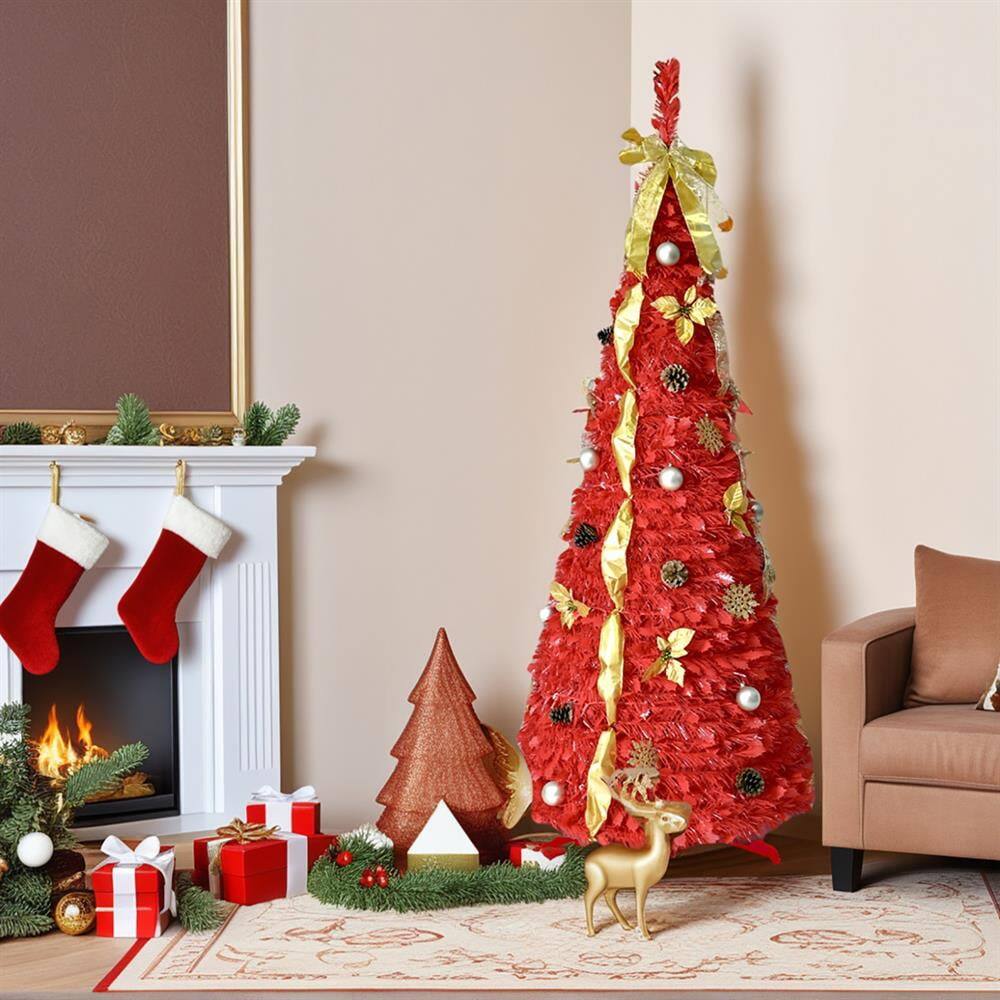 Front. Pefilos - 6ft Pop-Up LED Christmas Tree with 150 Warm White Lights, Space-Saving Holiday Decor for Christmas Decor - Red.