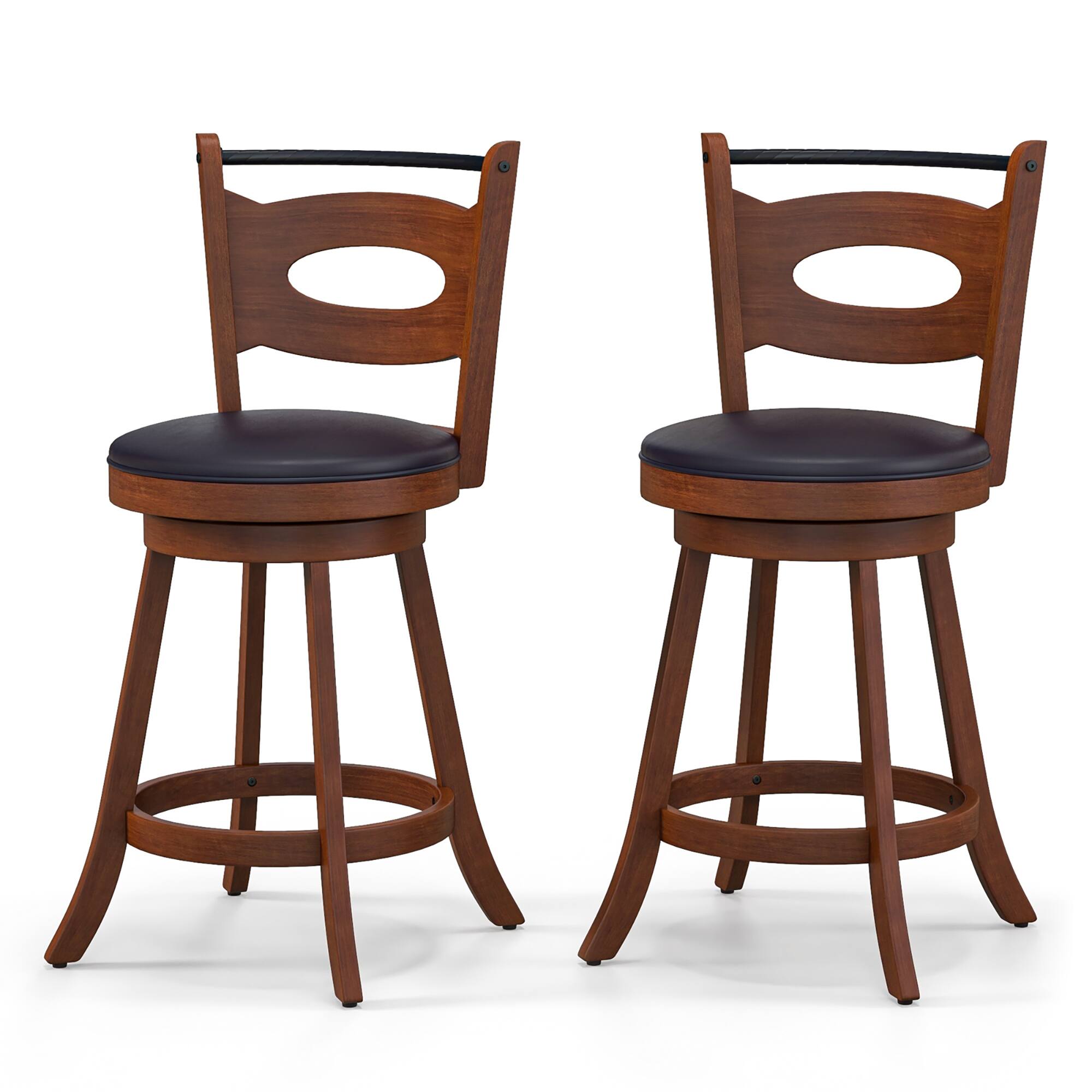 Alt View 1. Costway - 24" Height Set of 2 Bar Stools 360° Swivel Dining Chairs Solid Rubber Wood Leather Padded Seat - Black/Brown.