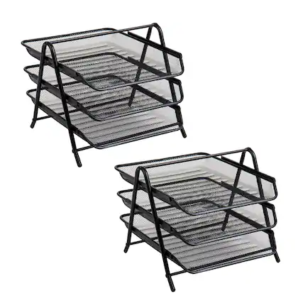 Front. Mind Reader - Mind Reader Network Collection, 3-Tier Paper Tray, File Storage, Desktop Organizer, Metal Mesh, Set of 2, Black.
