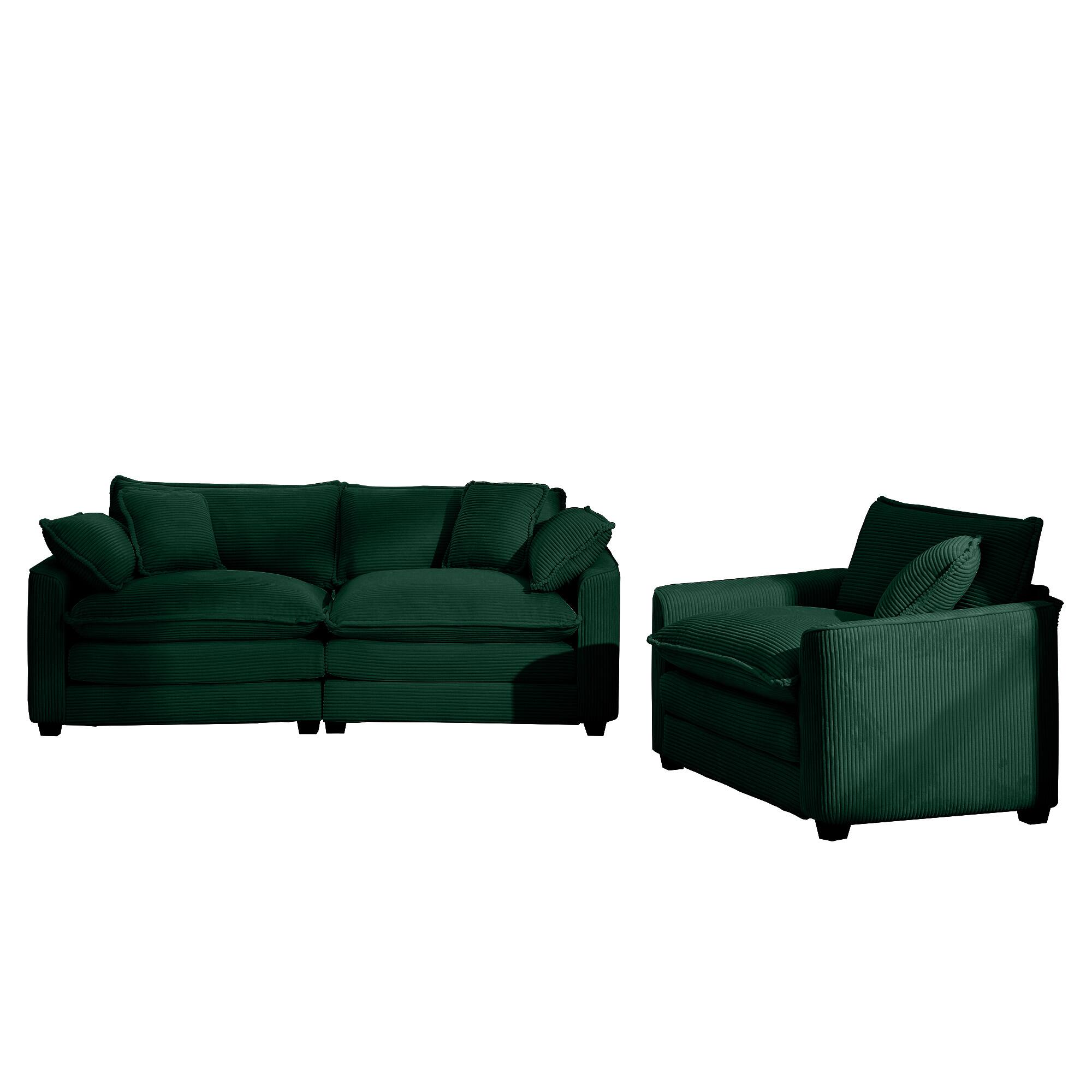 Alt View 1. LOVMOR - 3 Seater Easy Assembly Memory Foam Corduroy Sofa Set For Living Room Bedroom Club Soft Textured Lounge Home TV - Green.