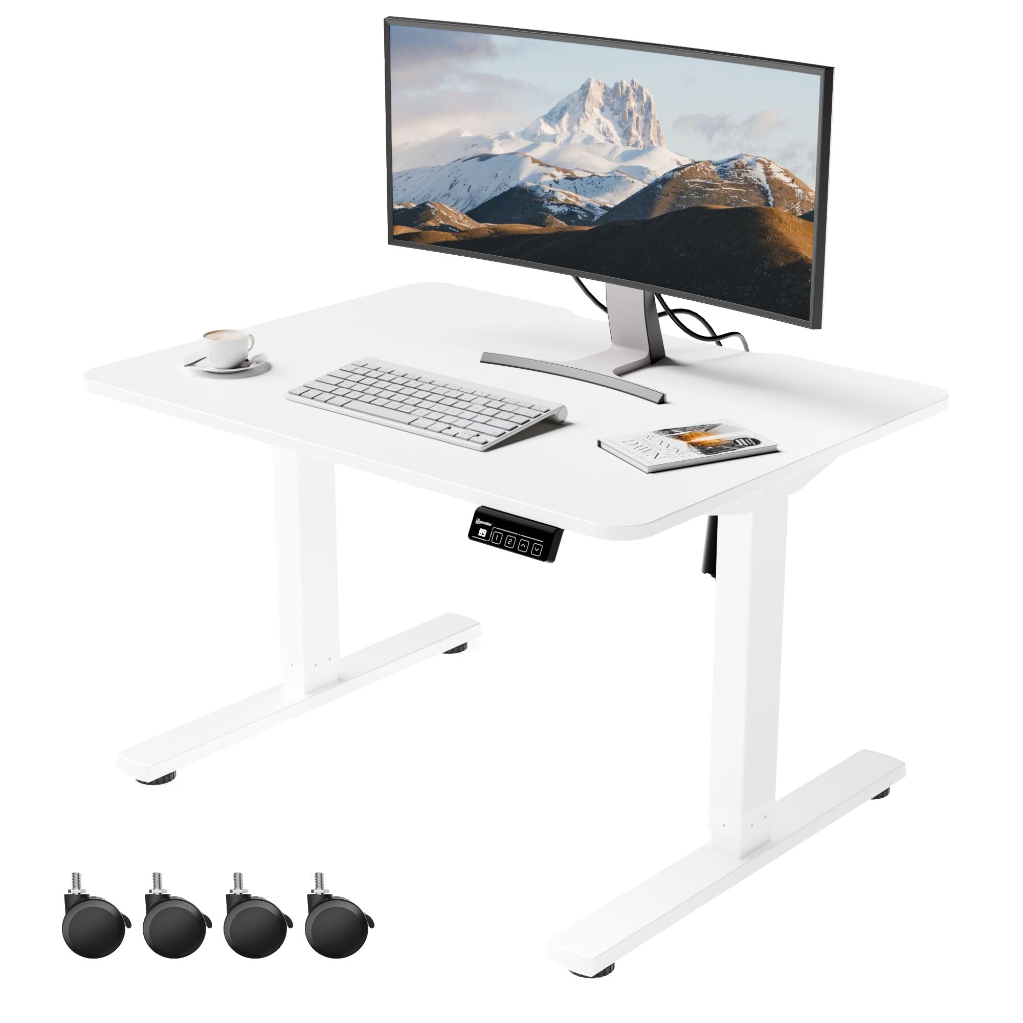 Front. Hirose Alice - ERGOMAKER Low Height Adjustable Desk with Lockable Wheels, Lifts -, x Electric Small Standing Desk with Spl... - White Frame-white Desktop.