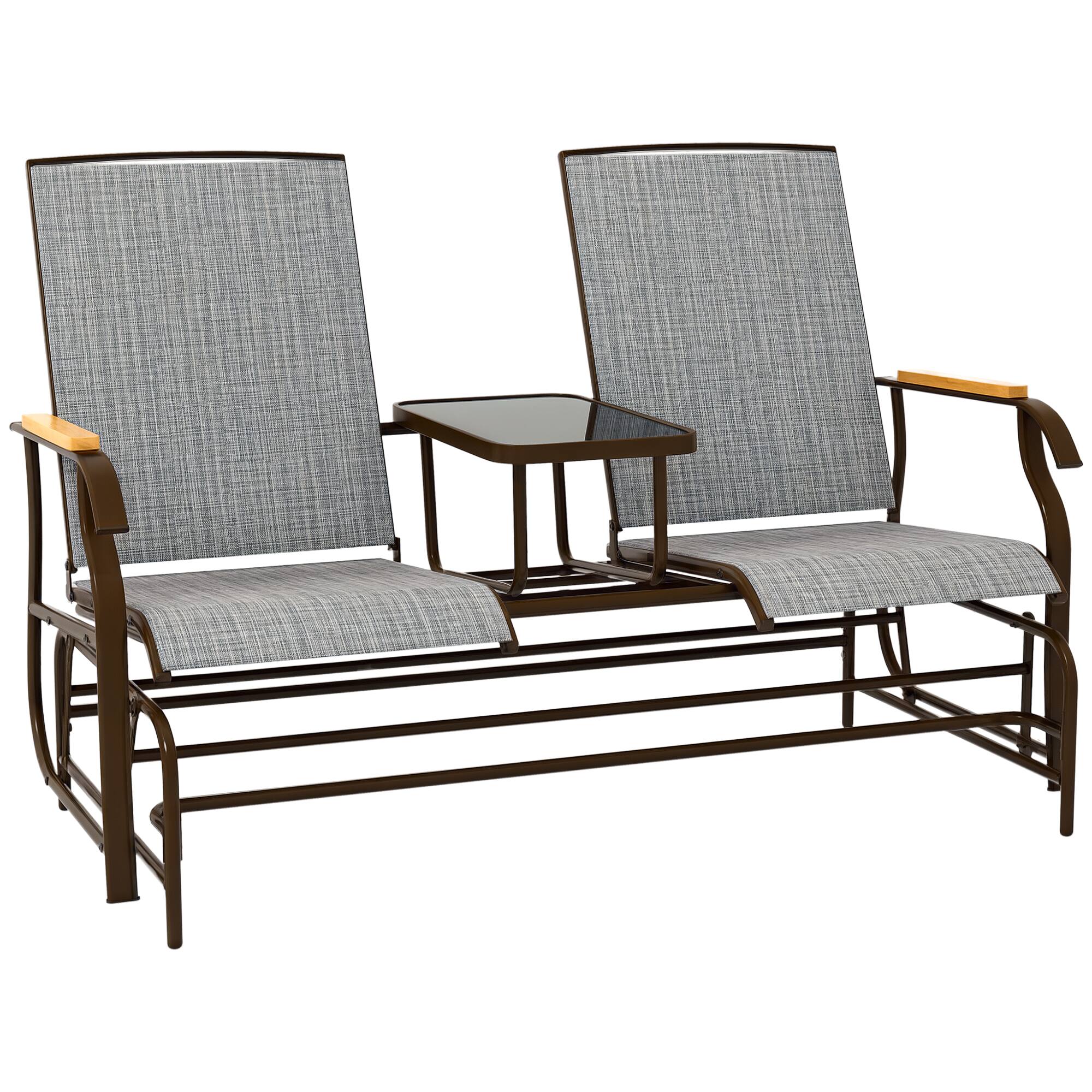 Front. Outsunny - 2 Person Outdoor Glider Bench, Patio Swing Glider Chair Loveseat with Breathable Mesh, Table, Steel Frame for Garden - Gray.