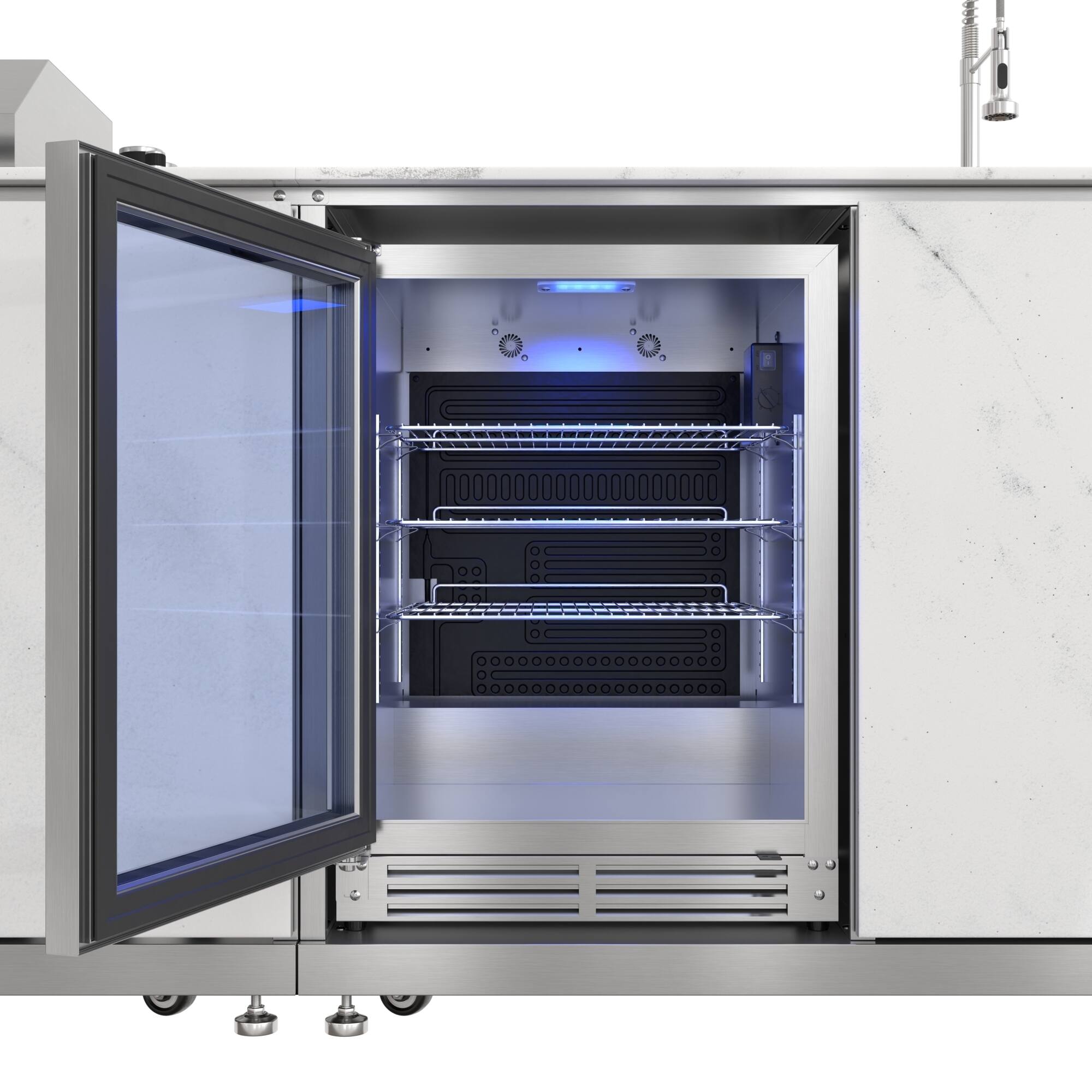 Alt View 4. Koolmore - 95 in. Outdoor Kitchen Island with 4-Burner NG and LP BBQ Grill, White Stone Counters, Sides and Sink in Stainless-Steel - Stainless-Steel and White Stone.